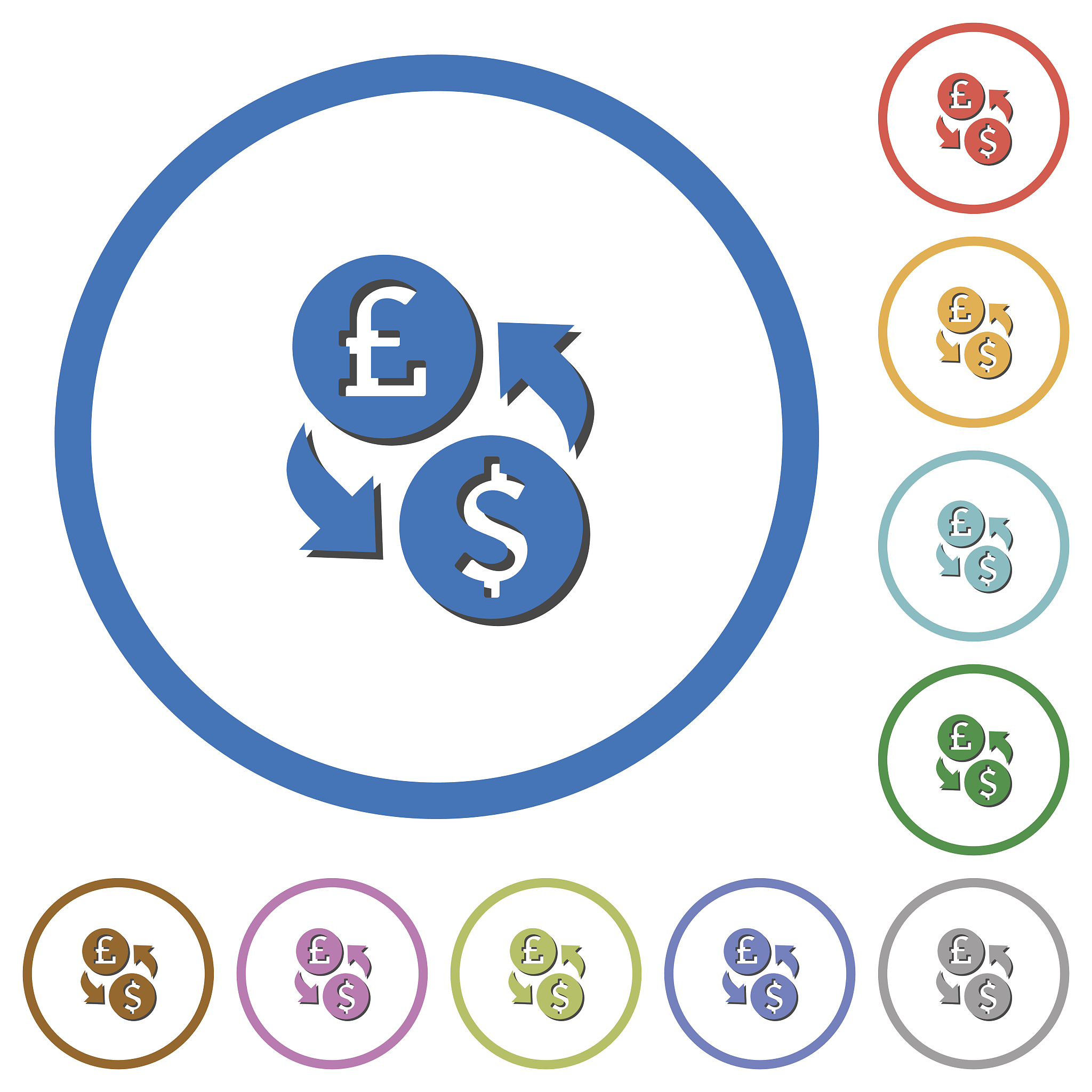 pound dollar money exchange icons with shadows and outlines