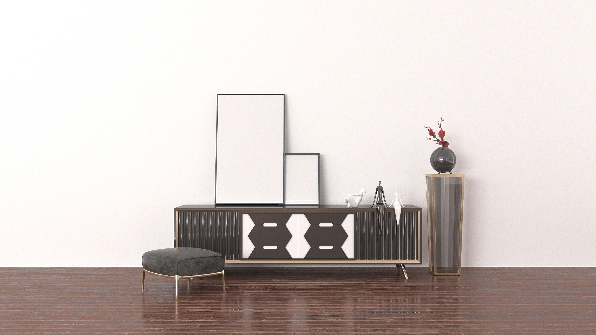 3d rendering of two blank frames on nice modern cabinet with sma