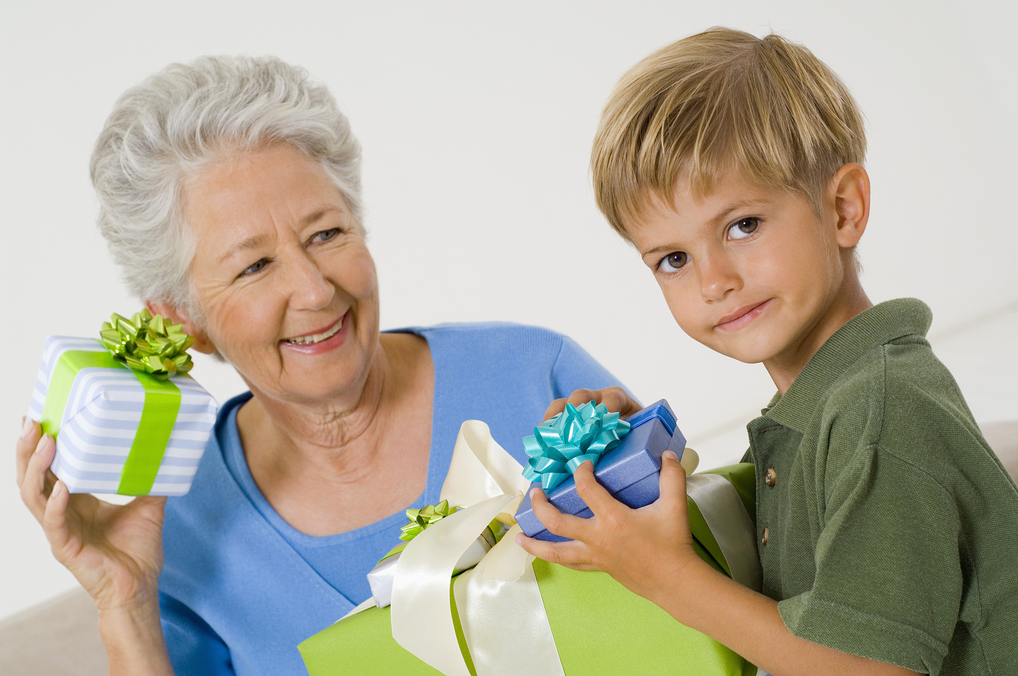 woman and boy with gifts