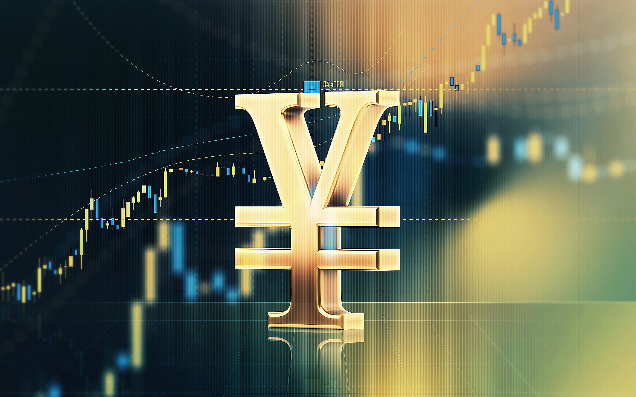 yen sign sitting in front of bar graph - stock market and financ