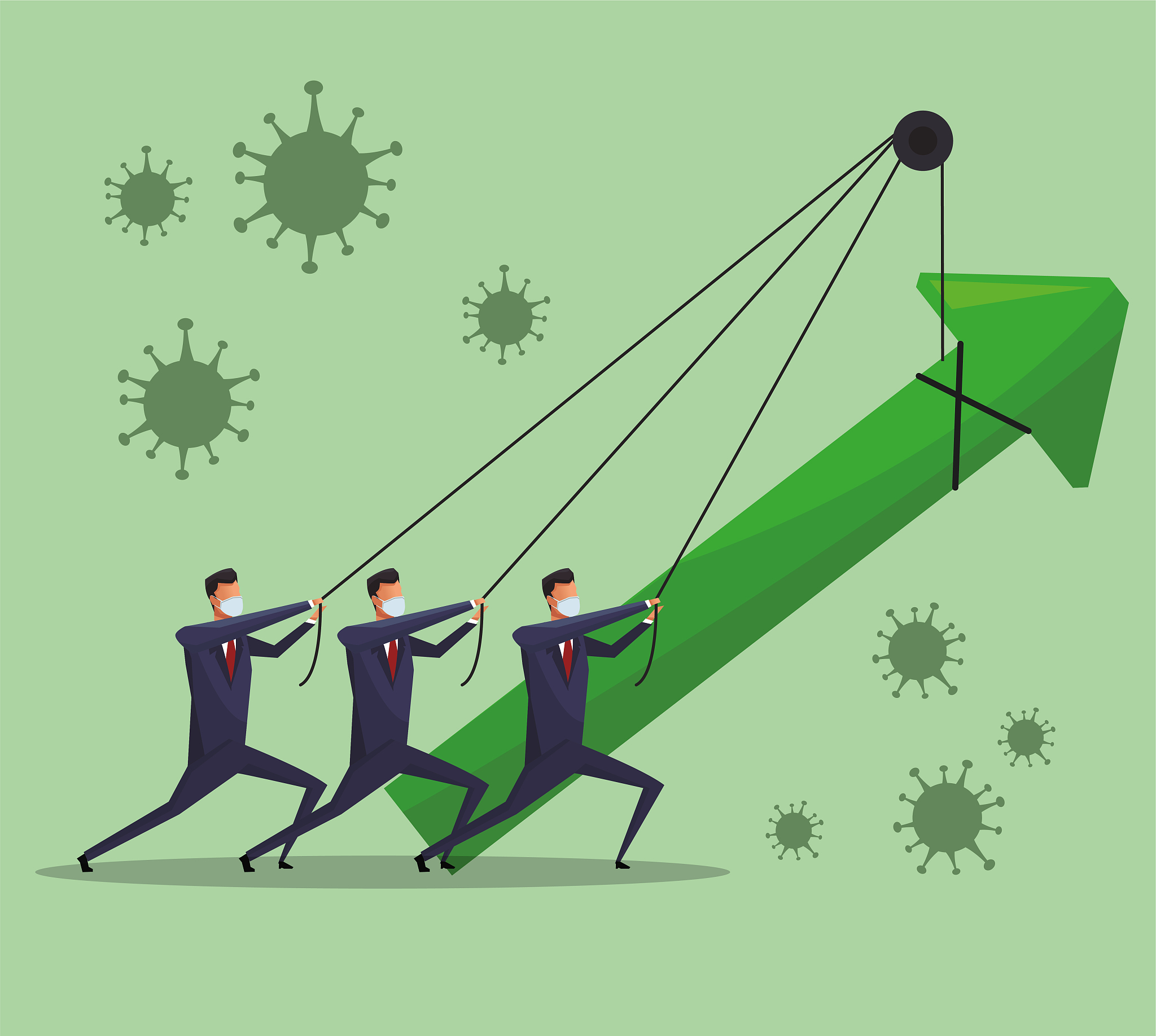 businessmen wearing medical mask lifting arrow success