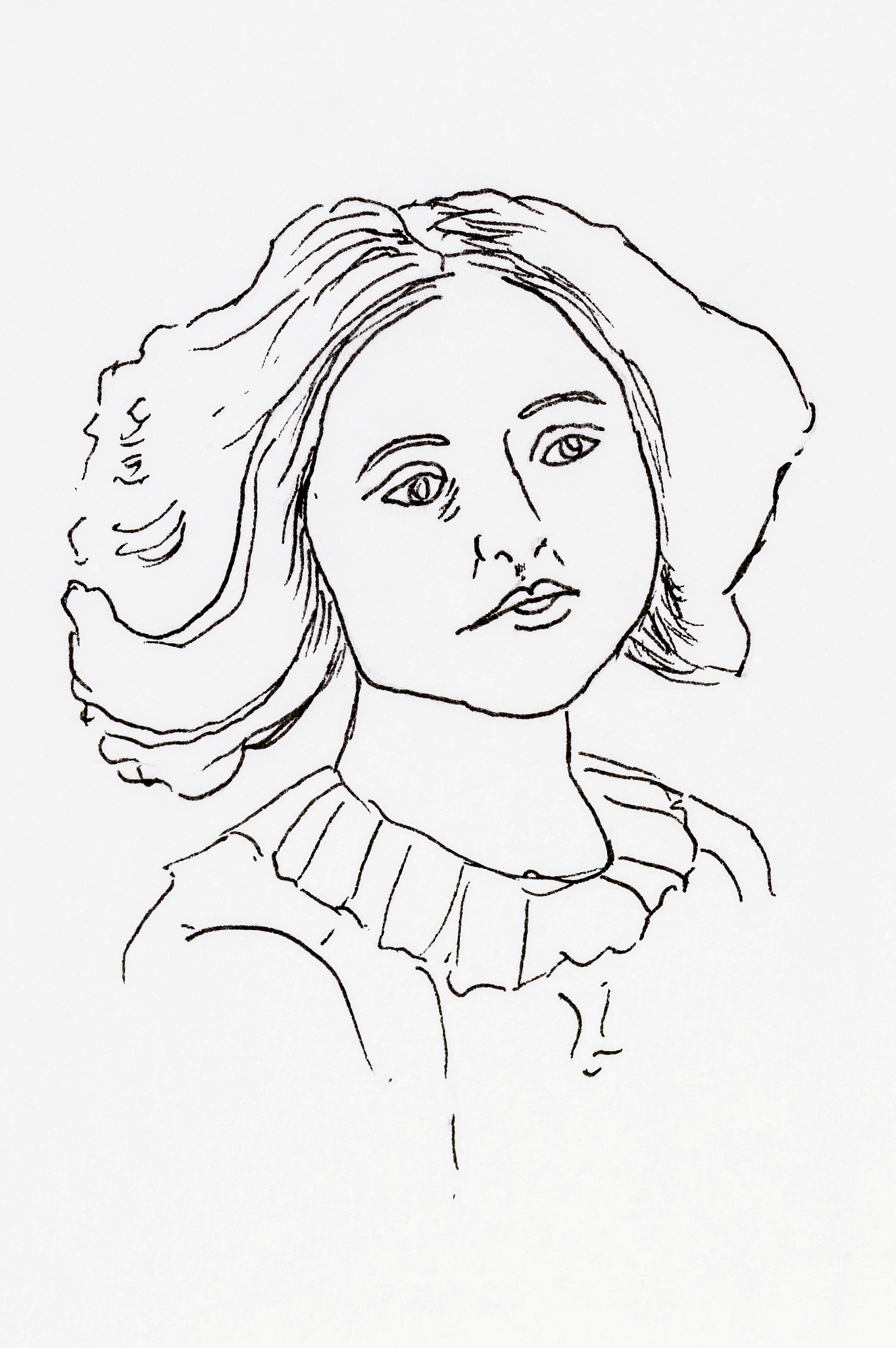 original ink line drawing. portrait of an edwardian young lady.