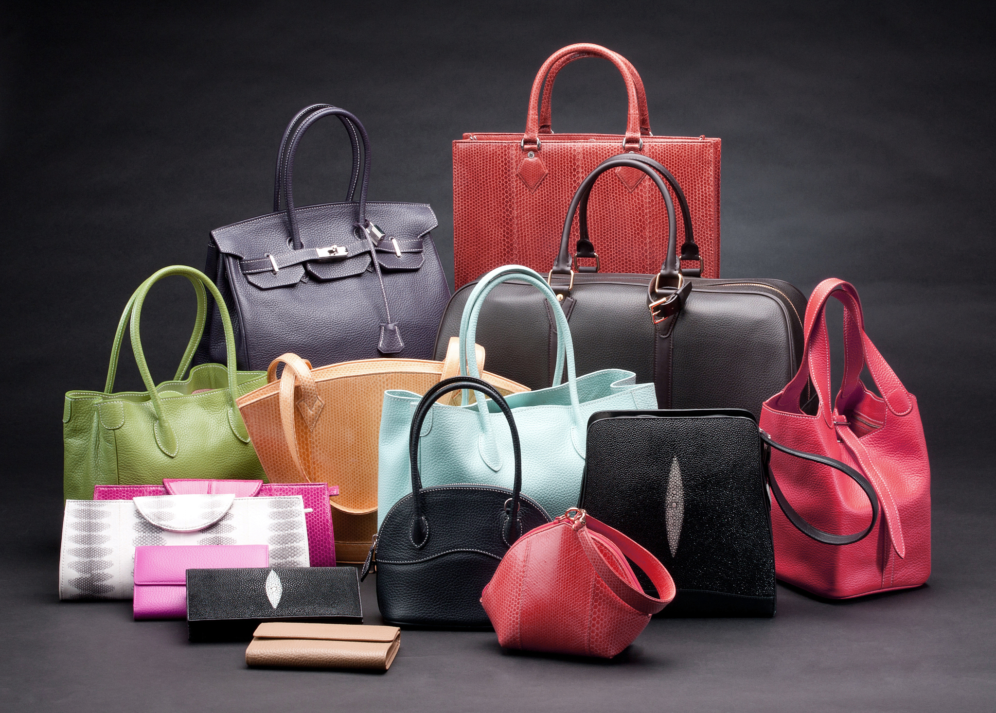 set of beautiful leather handbags