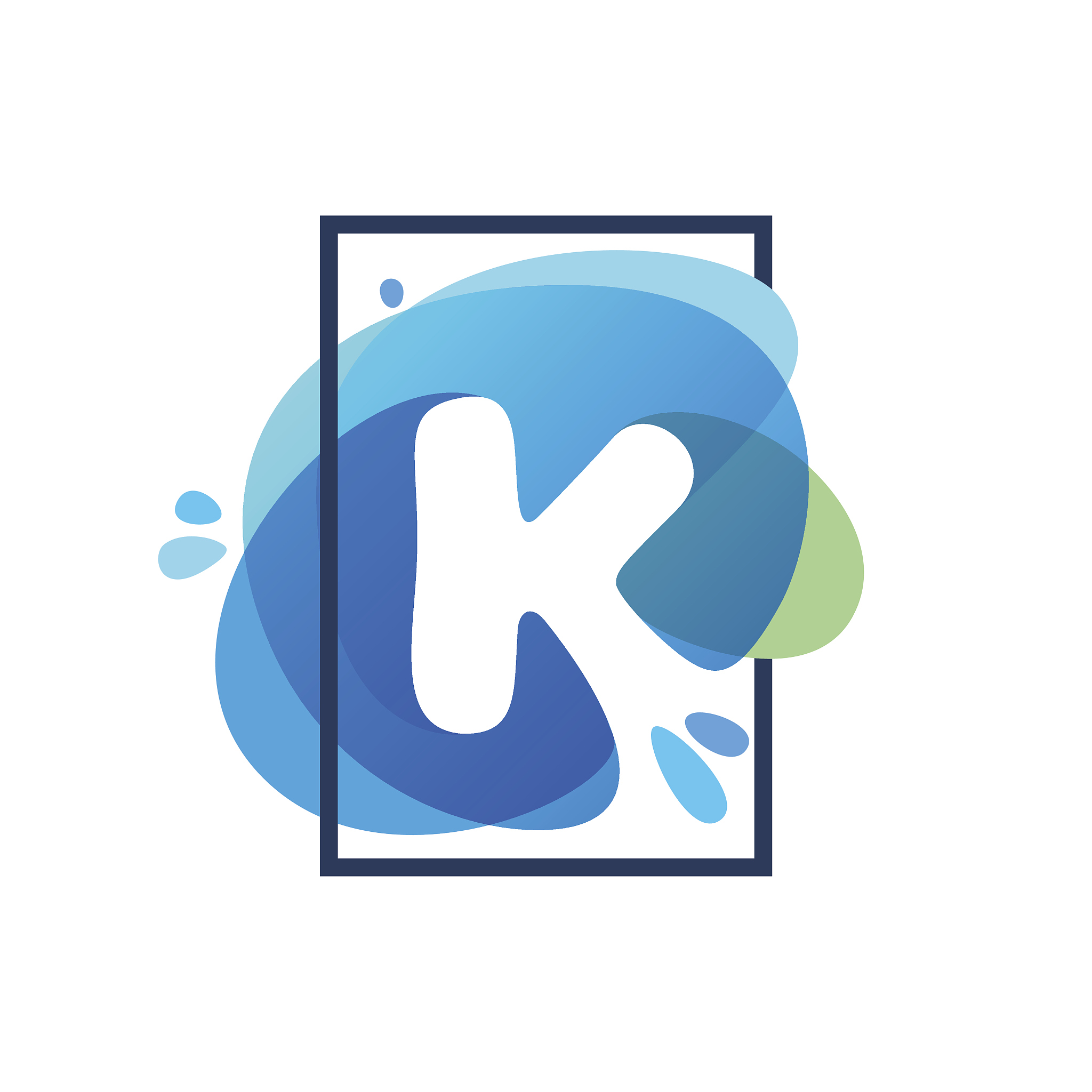 k letter icon in square frame at blue watercolor splash