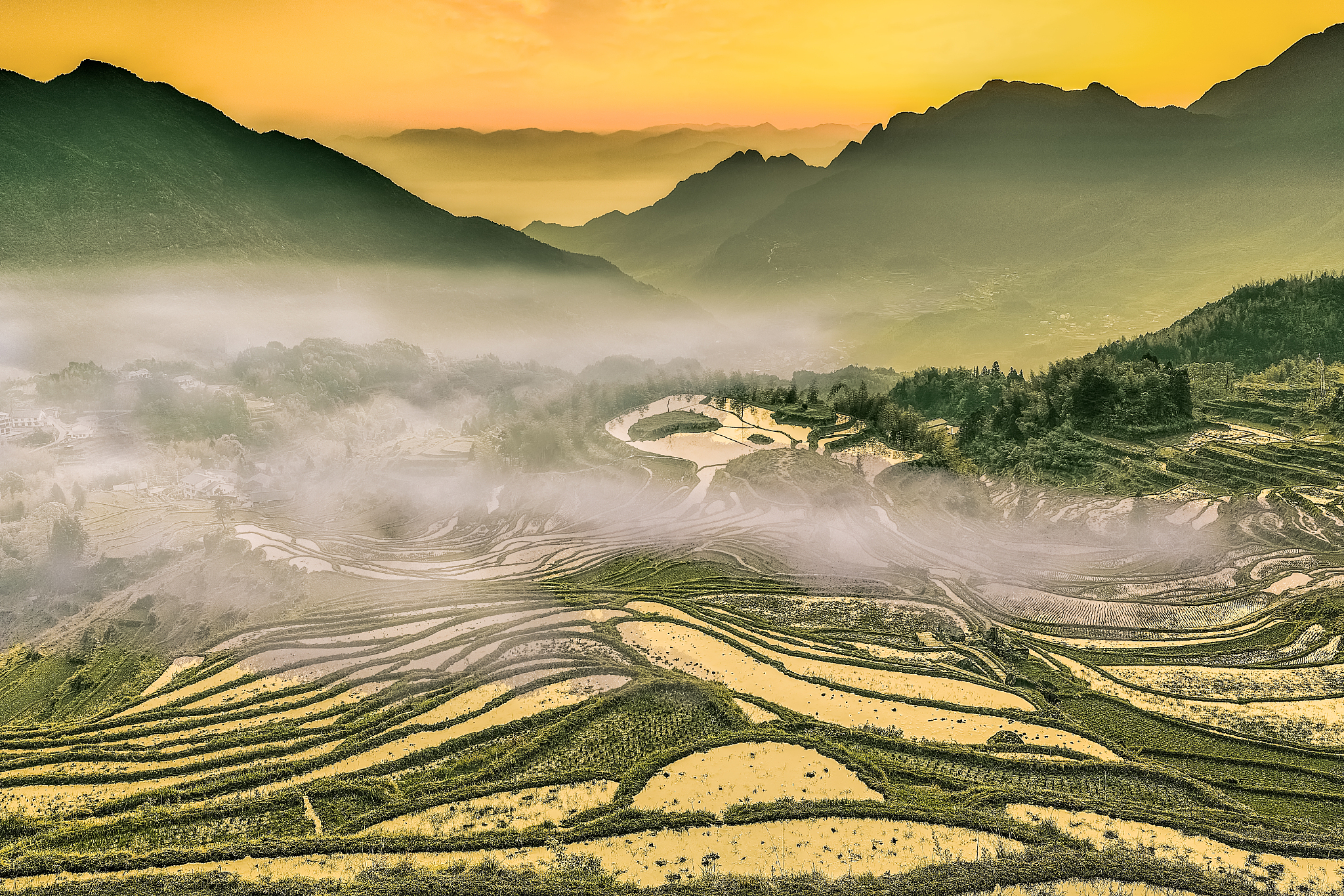 模仿杜甫写一首律诗，要求辞藻华丽，出现凤堰，梯田，云海