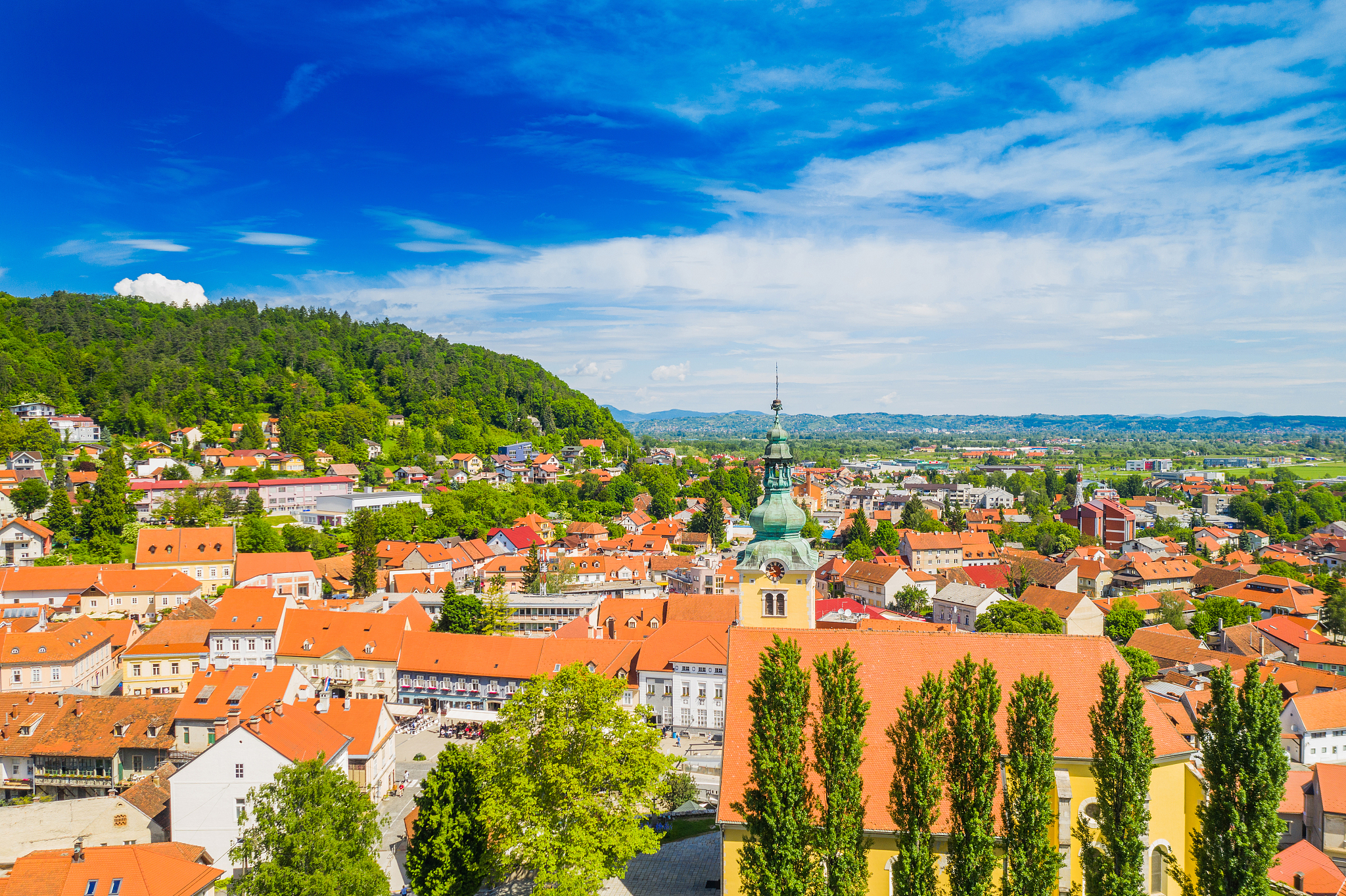 croatia, town of samobor, main square and church tower