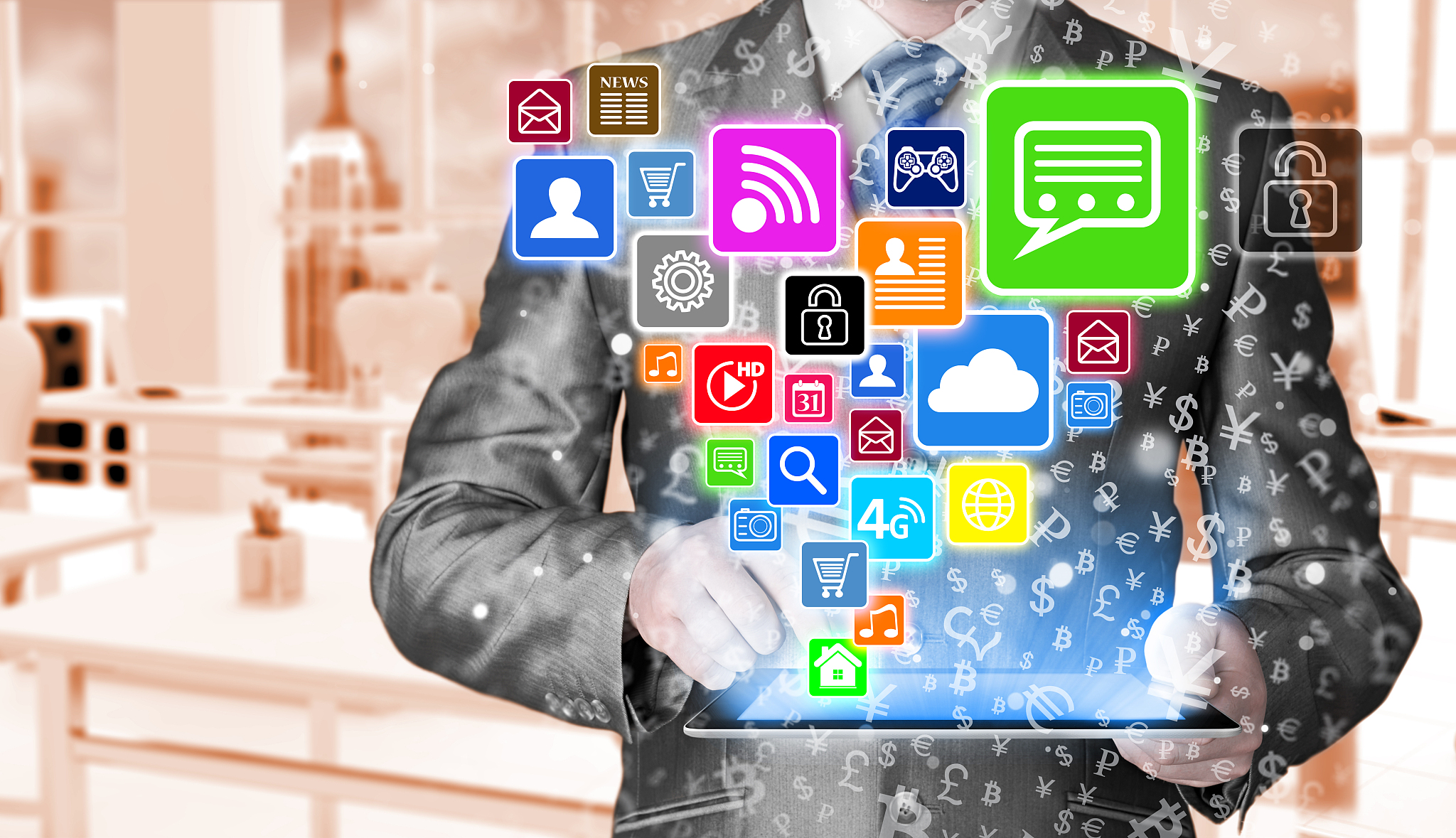 business man using tablet pc with social media icon set
