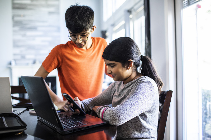 brother and sister e-learning at home