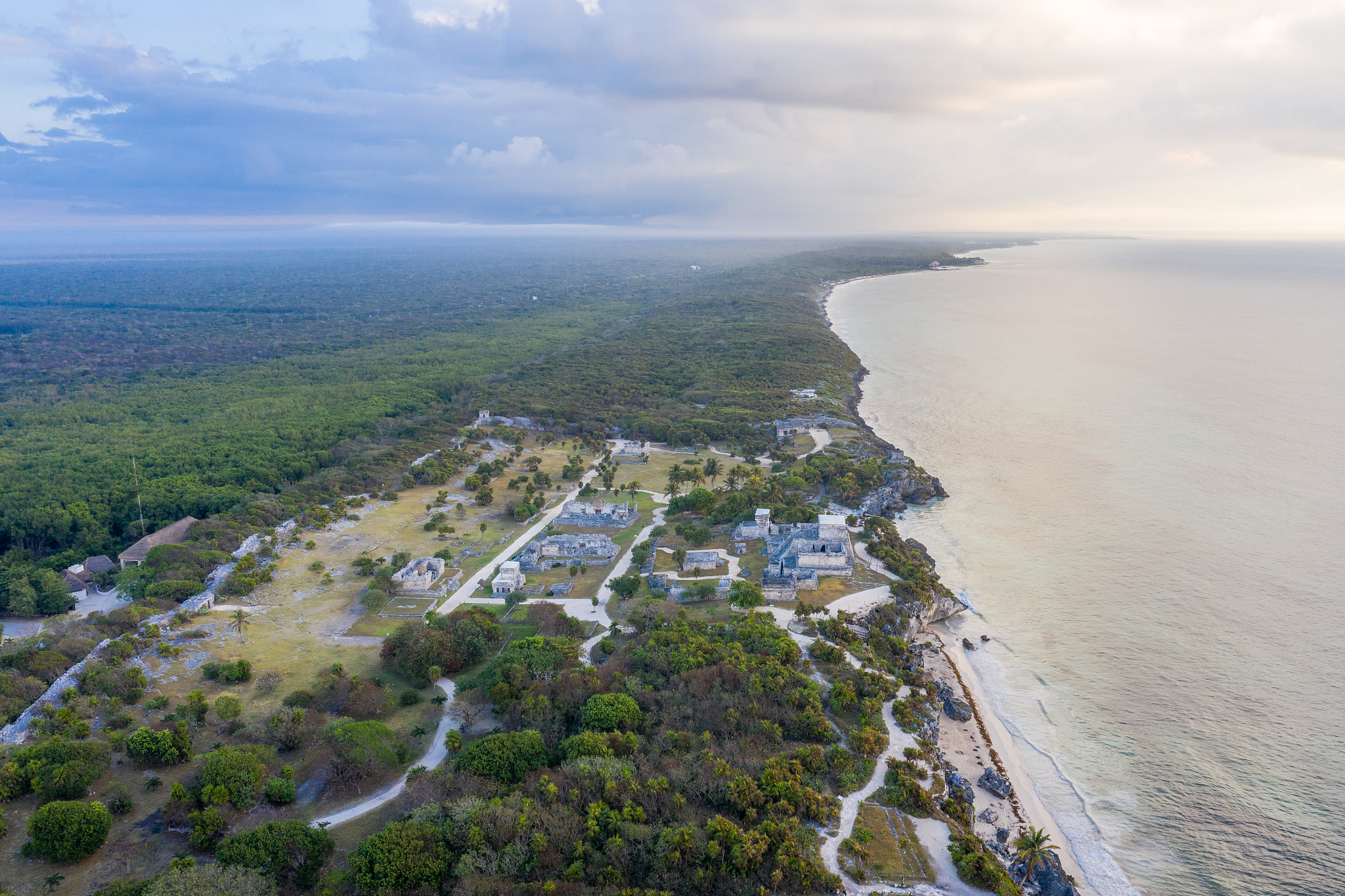 drone view of el castillo, tulum ruins archeological zone, mexic