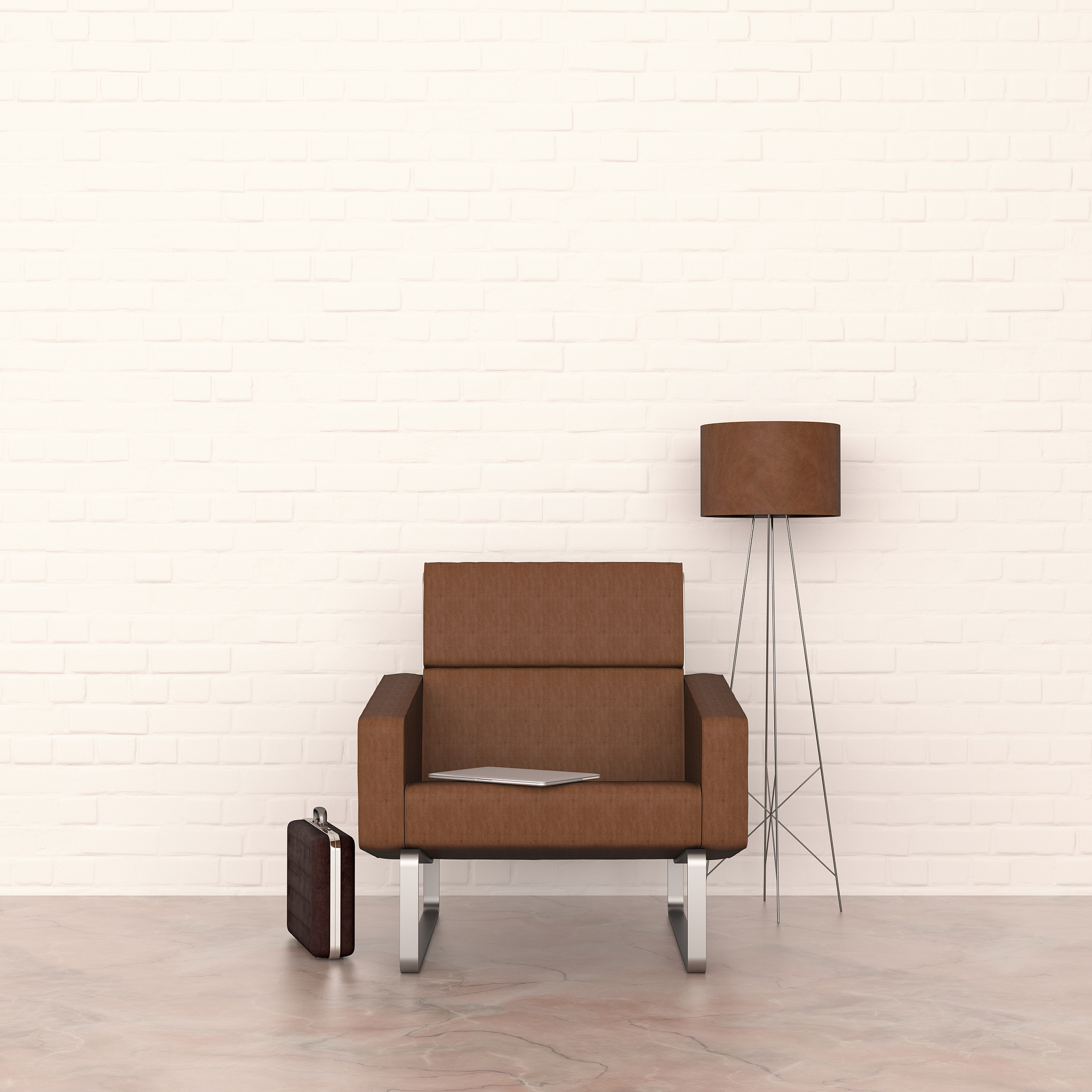 3d rendering, brown armchair and floor lamp with laptop and brie