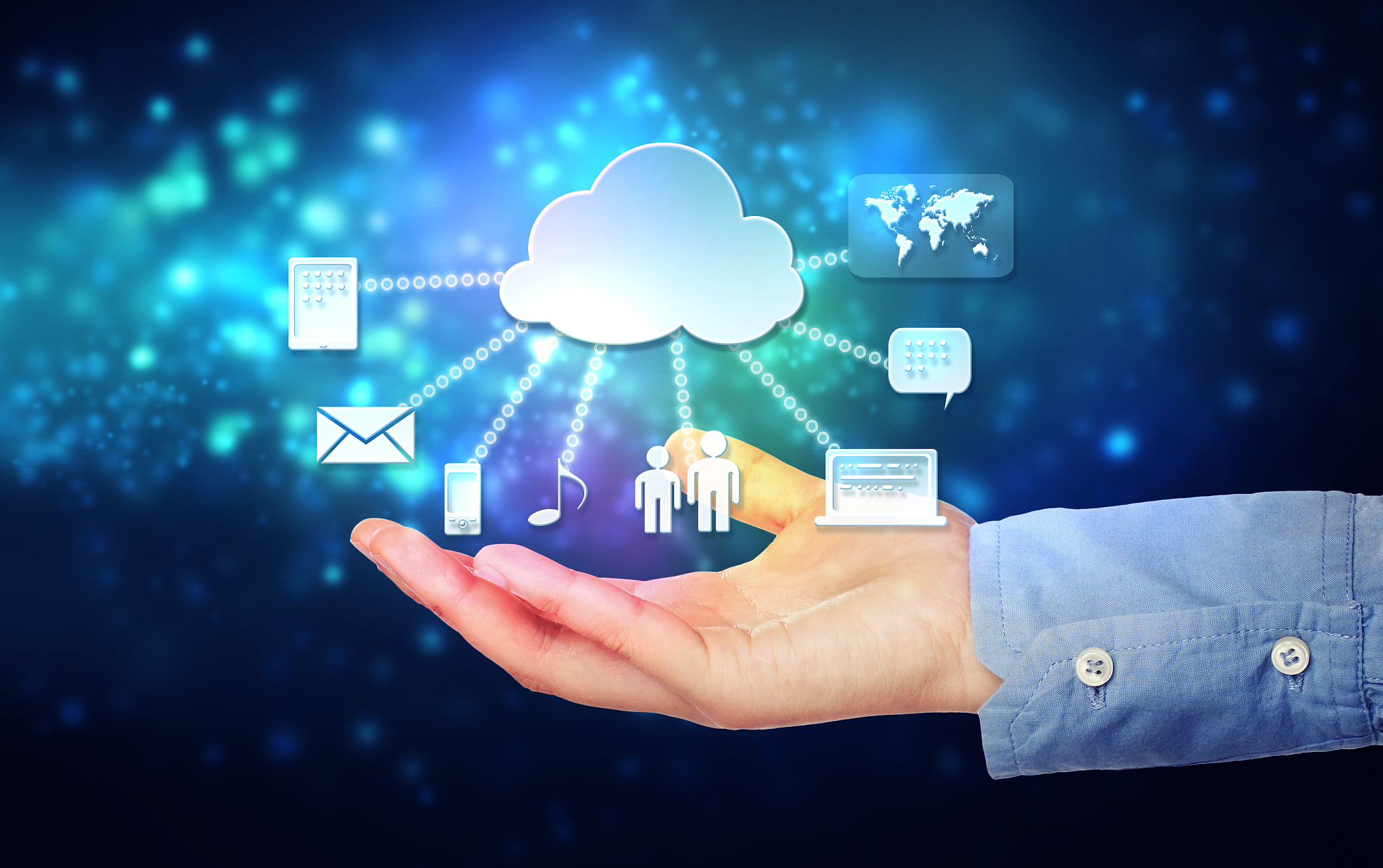 hand holding hovering cloud computing concept
