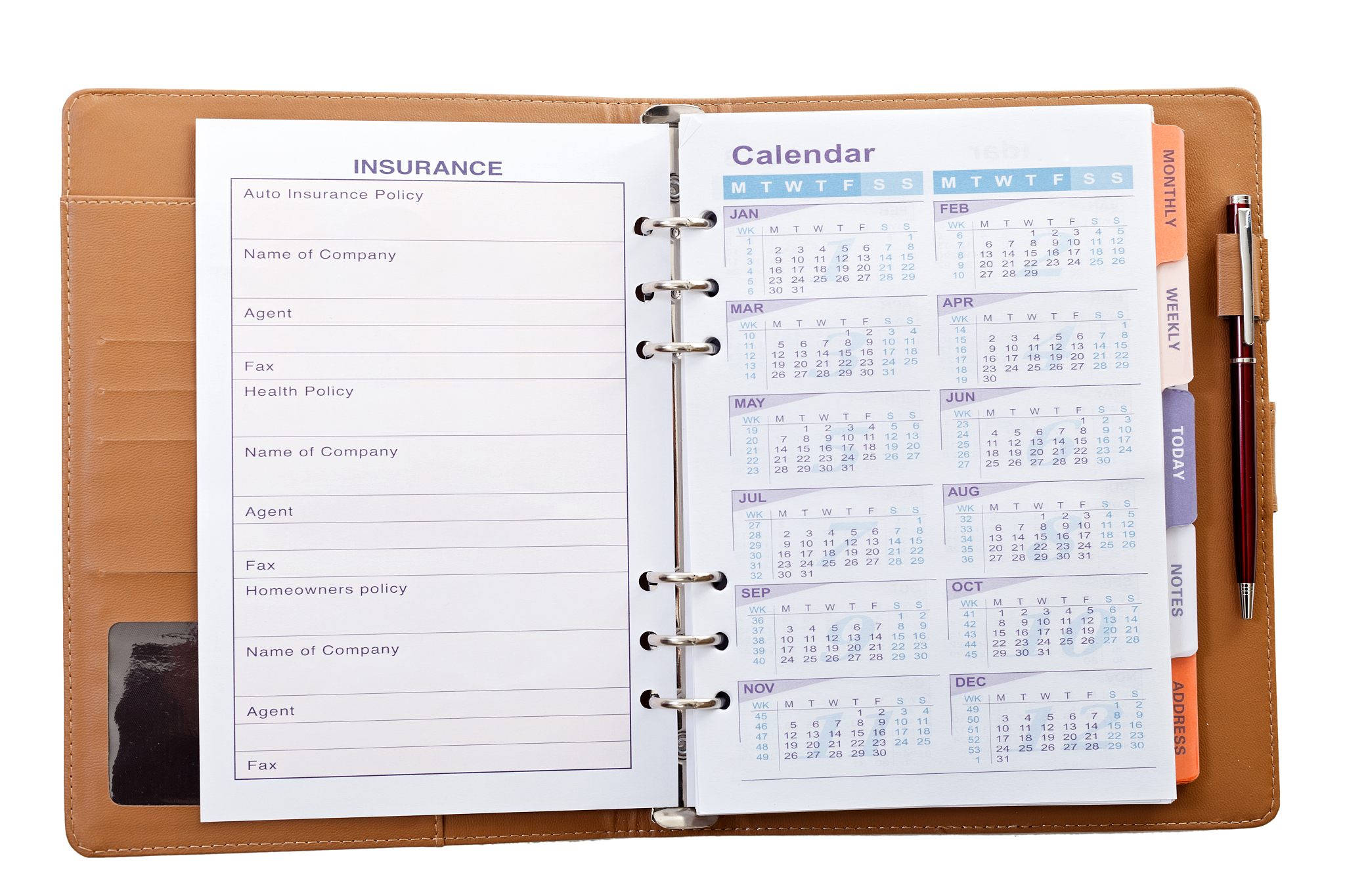 calendar in notebook with pen