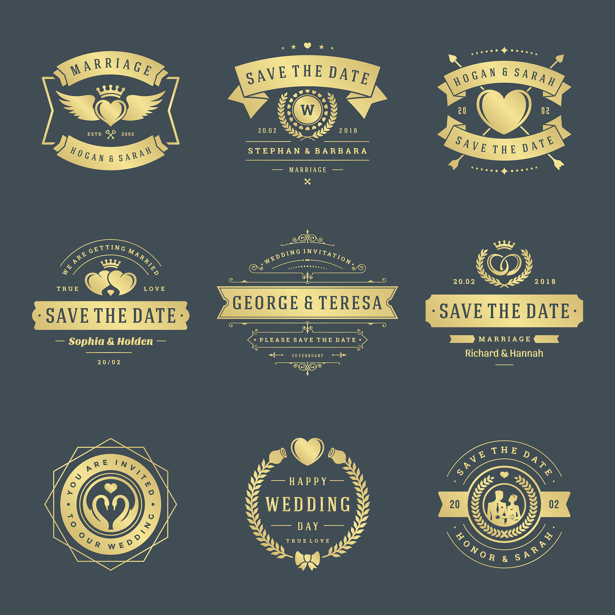 wedding logos and badges vector and design elements set.