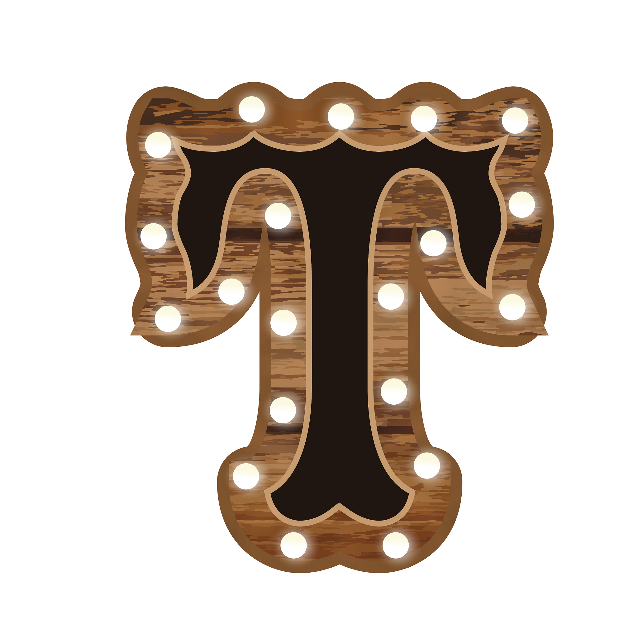 country carnival wooden capital letter t font design with lights