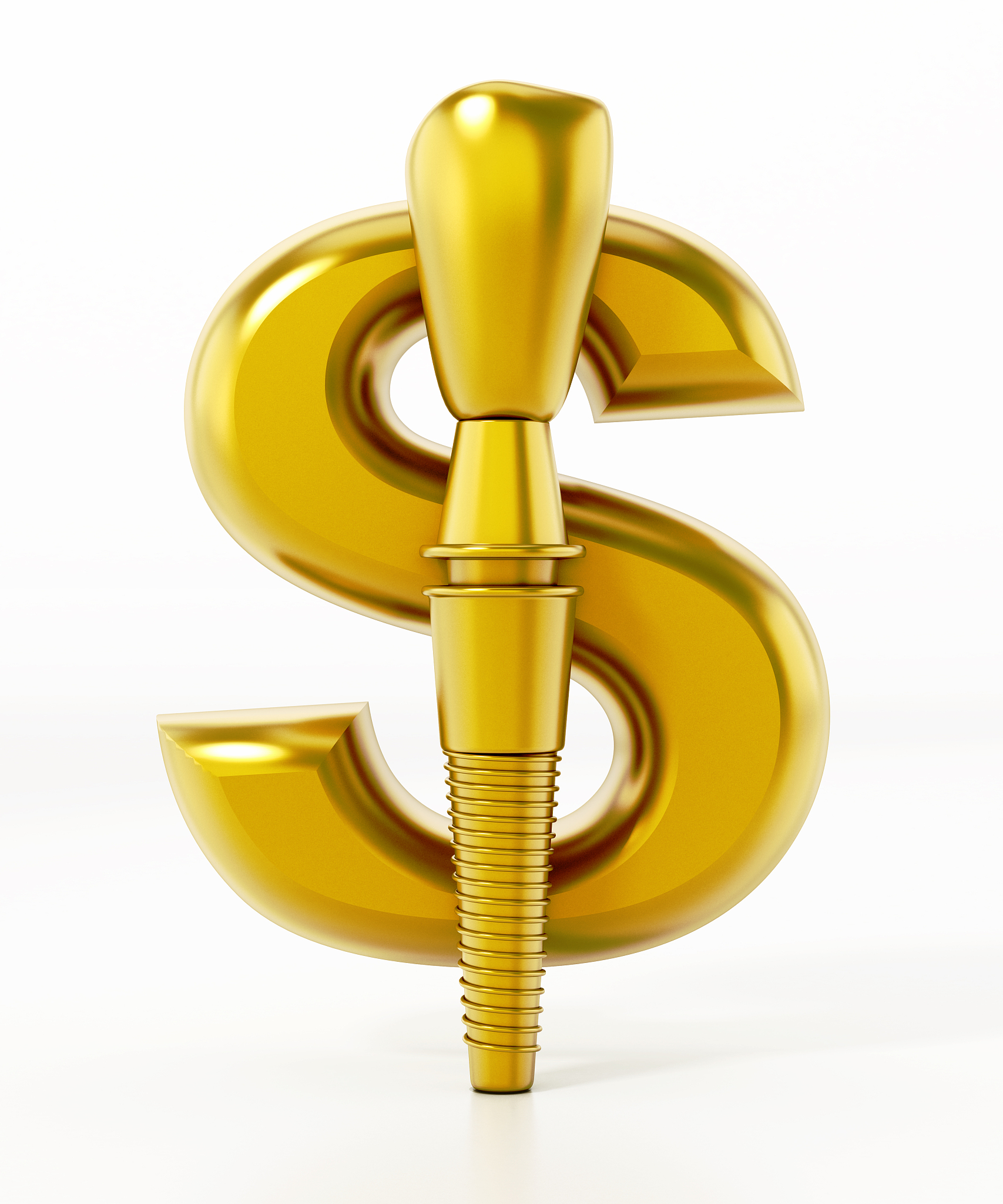 golden dental implant completing dollar symbol