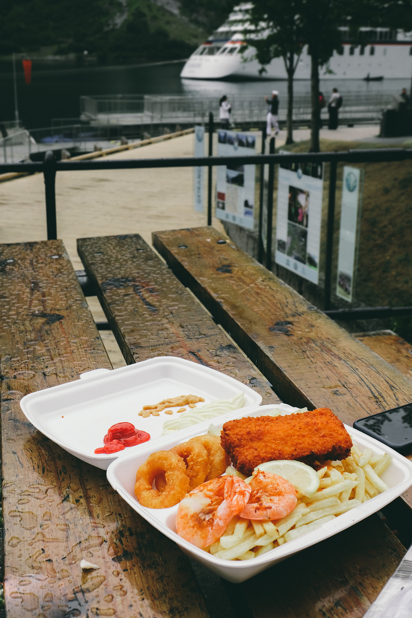 norwegian street food - fish'n'chips, shrimps, calamaris in geir