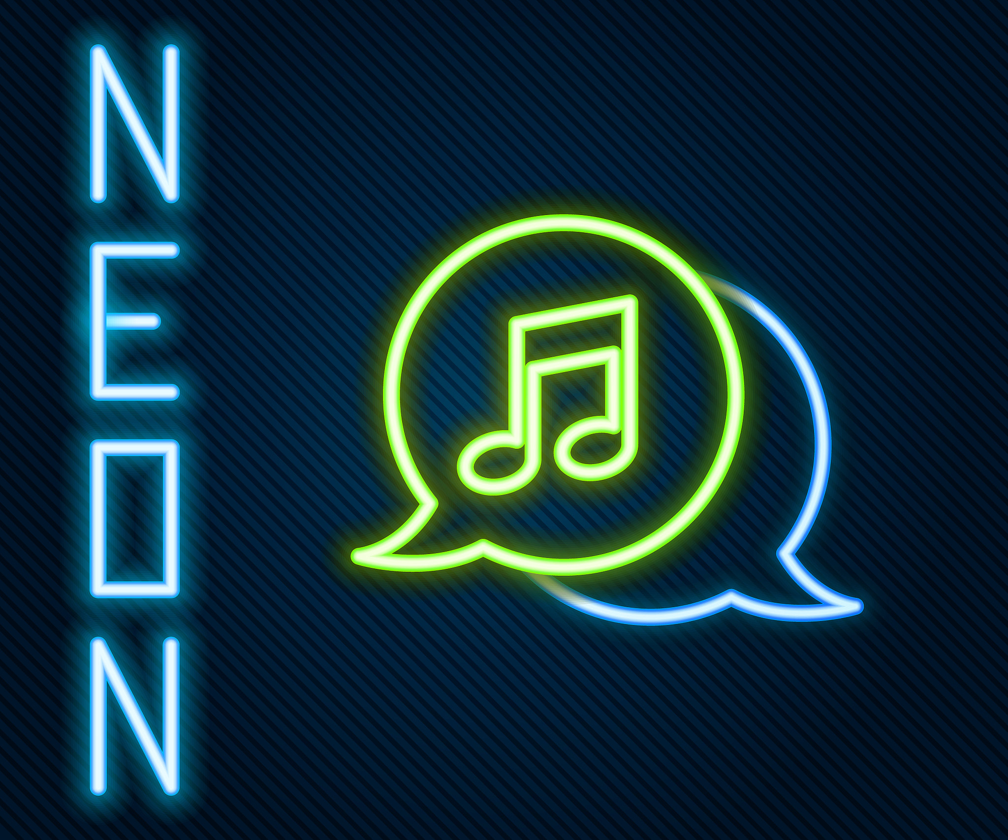 glowing neon line musical note in speech bubble icon isolated on