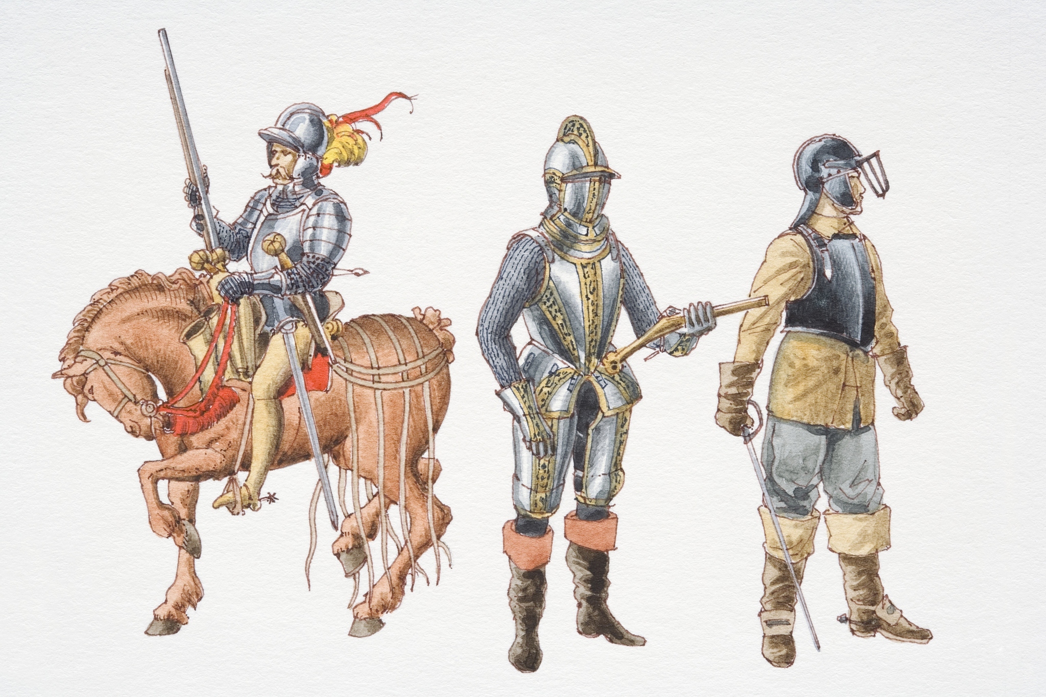 three 16th century cavalrymen, front view.
