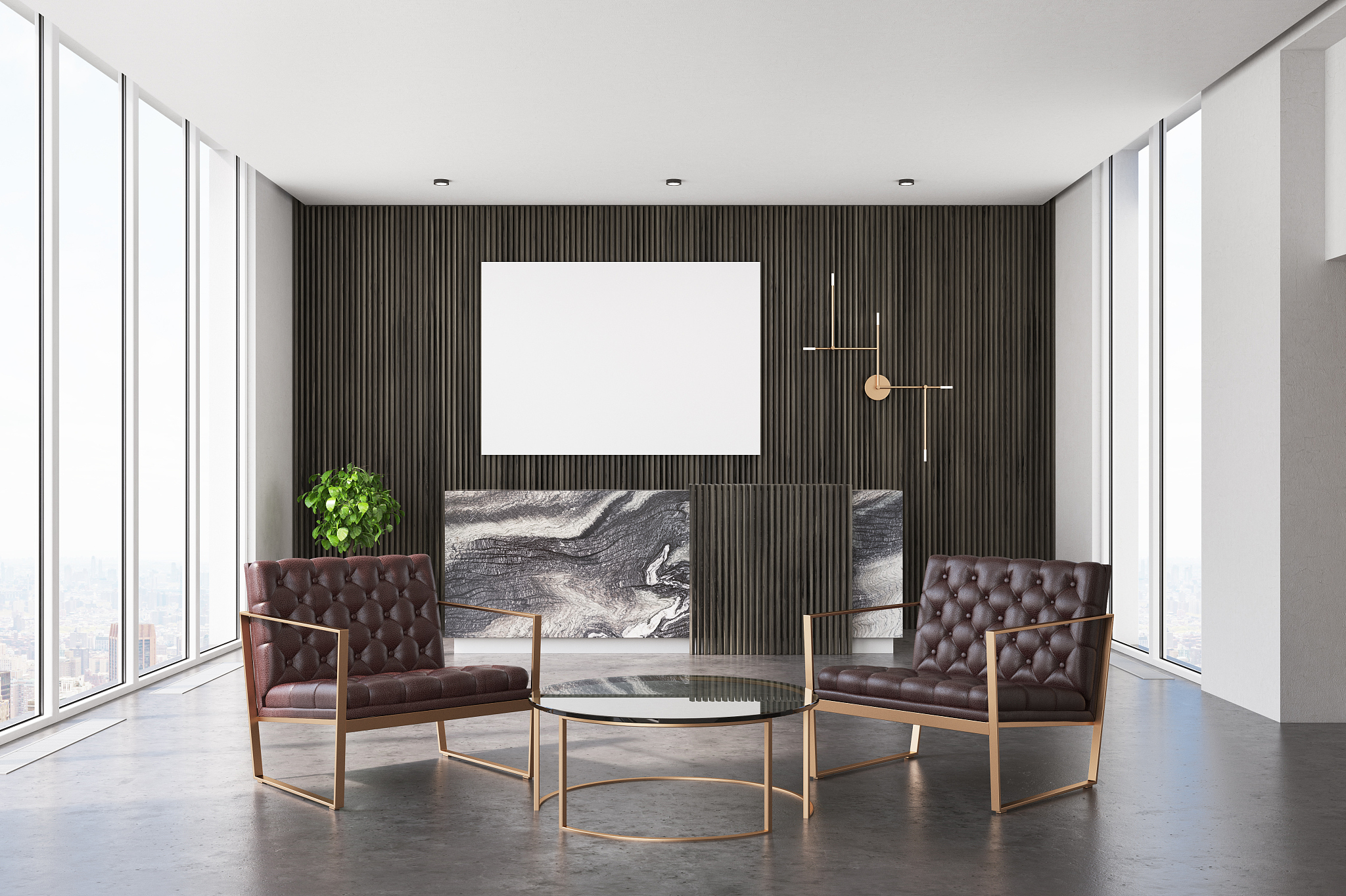 dark wooden office, reception and waiting area