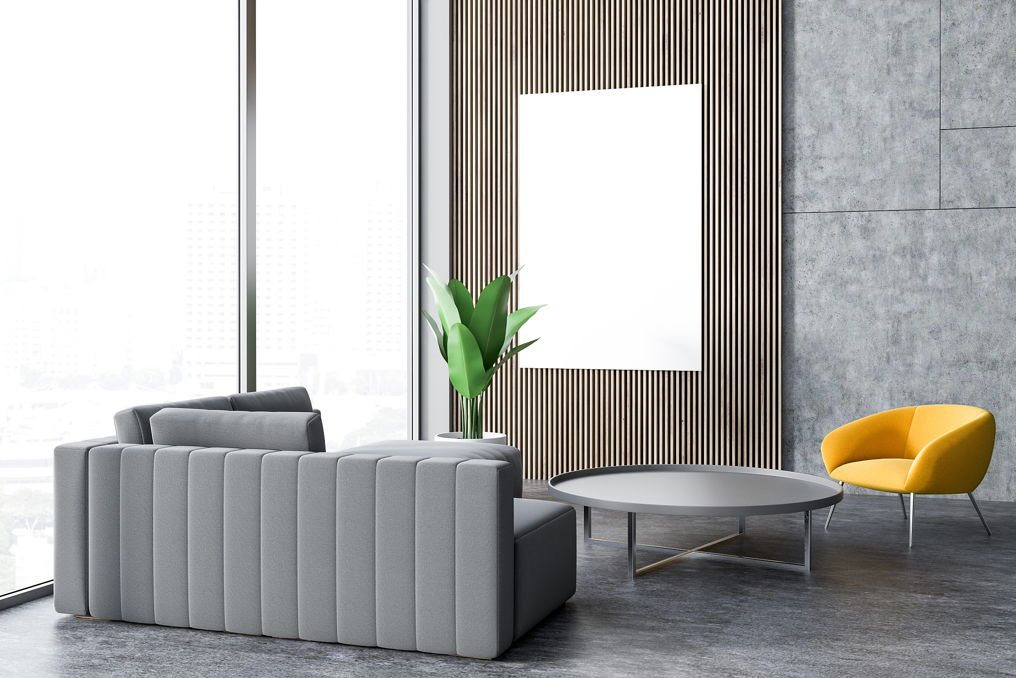 gray sofa, yellow armchair panoramic living room