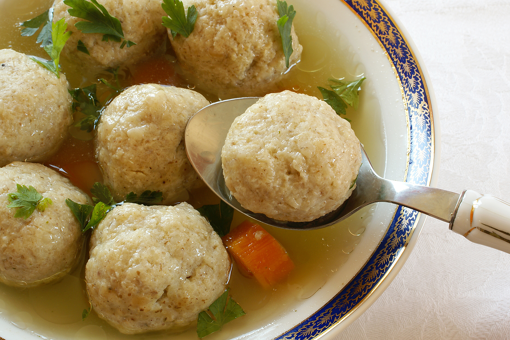 close up of matzo (matzah) balls soup