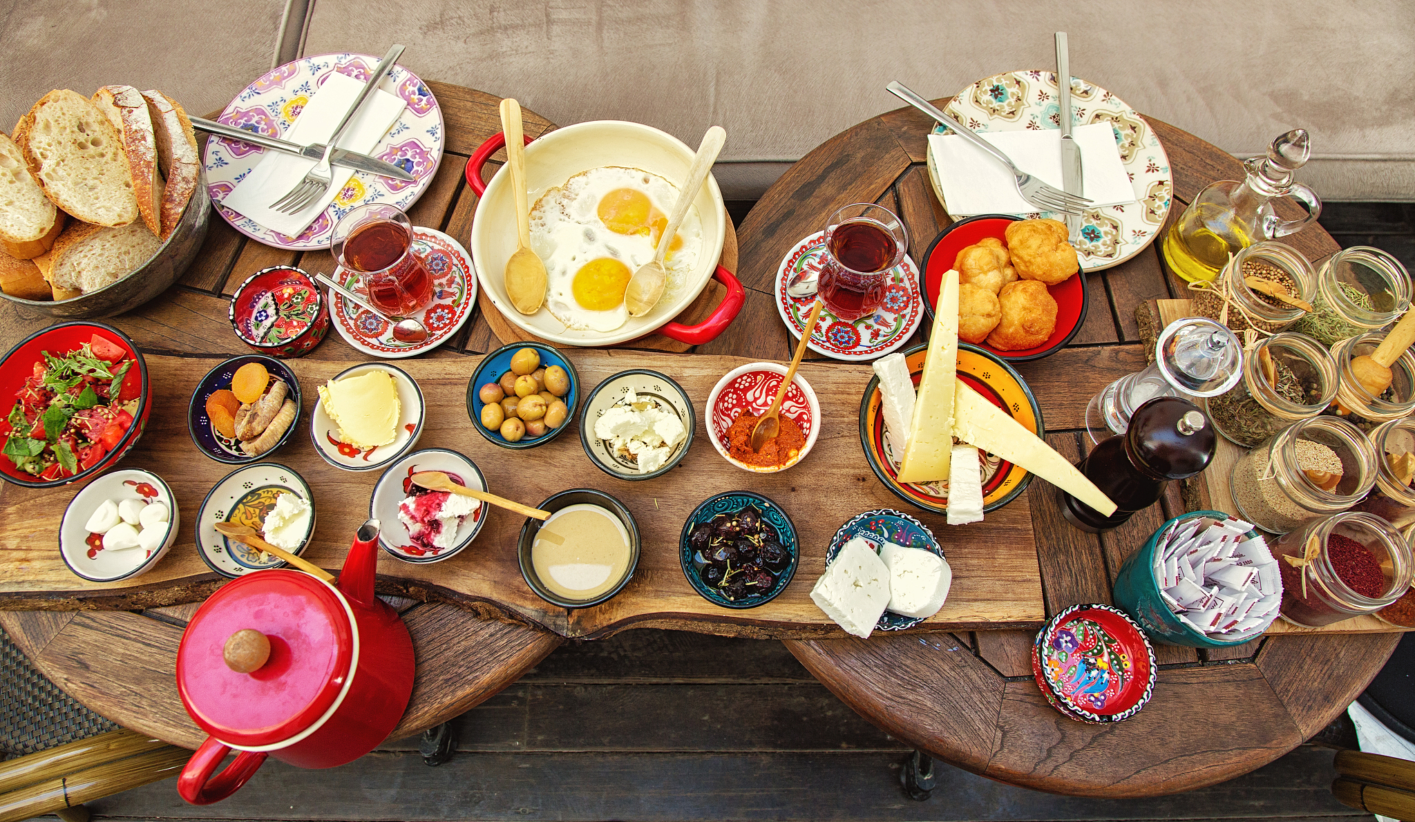 rich and delicious turkish breakfast on a round table