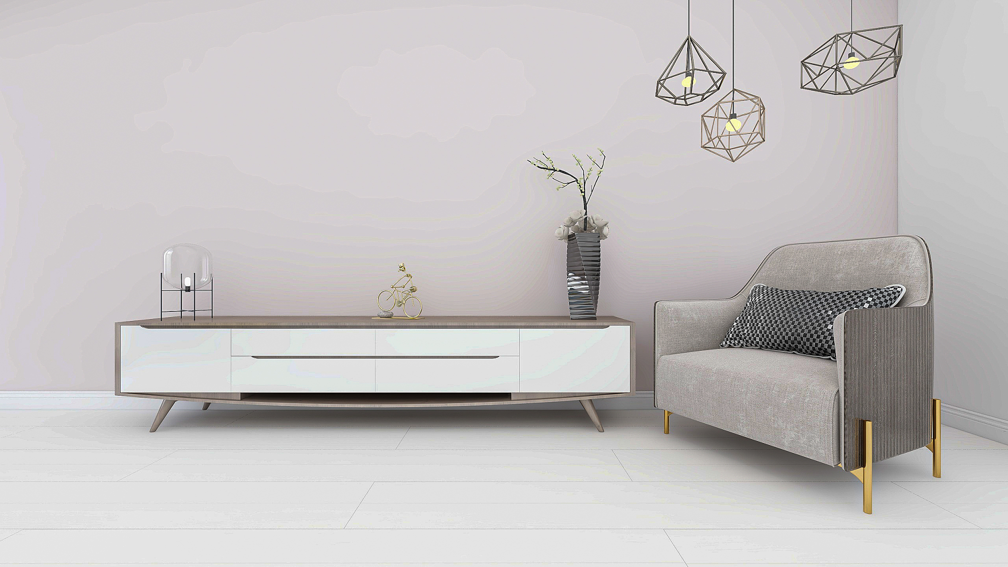 3d rendering, spacious living room design of modern residence, w