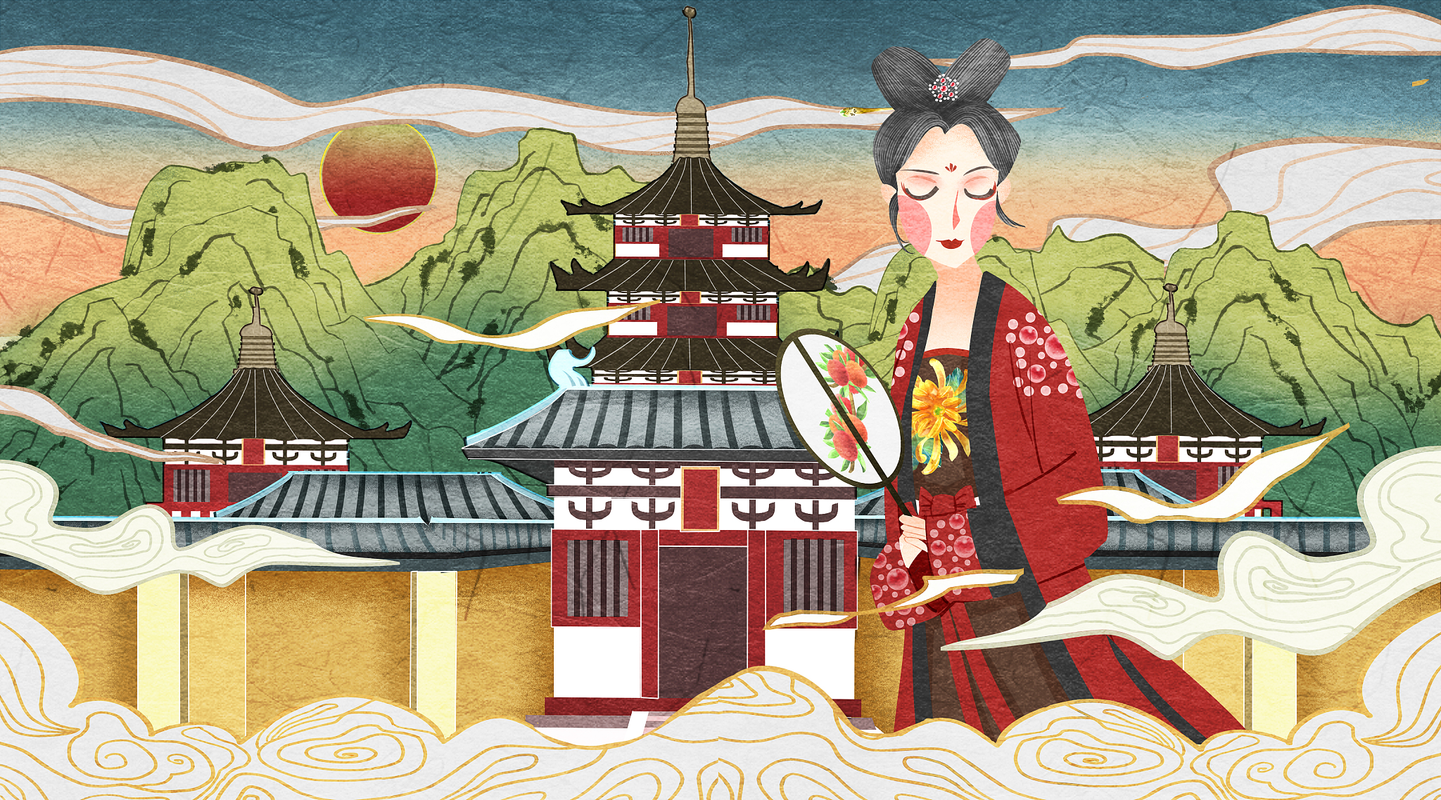 国潮风中国宋朝女性服饰插画