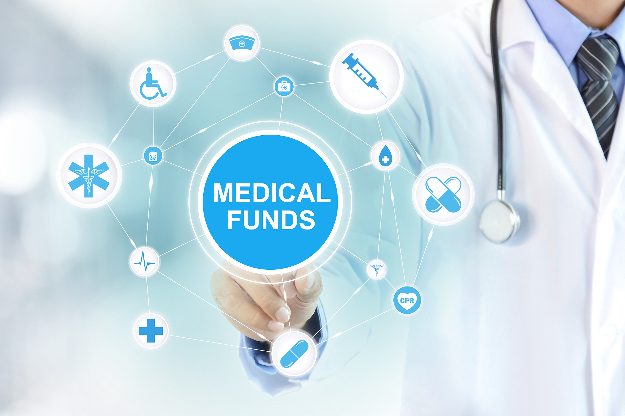 doctor hand touching medical funds sign on virtual screen