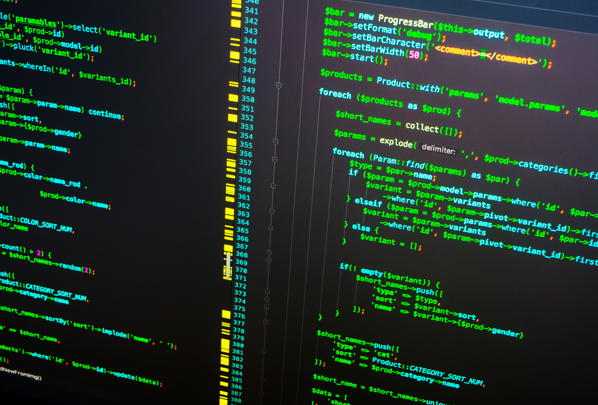 lines of php code on the monitor on dark background, close up. p