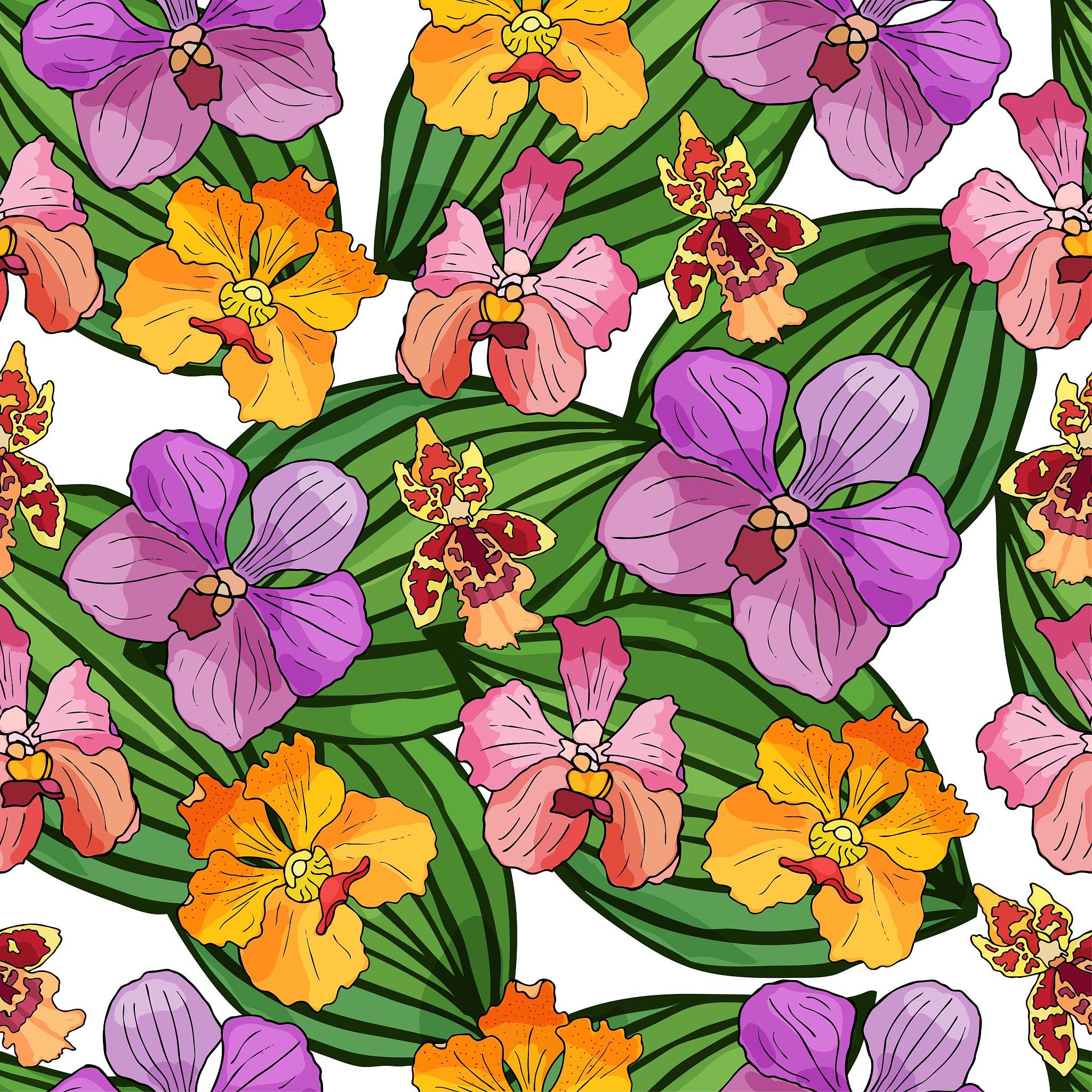 seamless pattern with orchids and floral elements.
