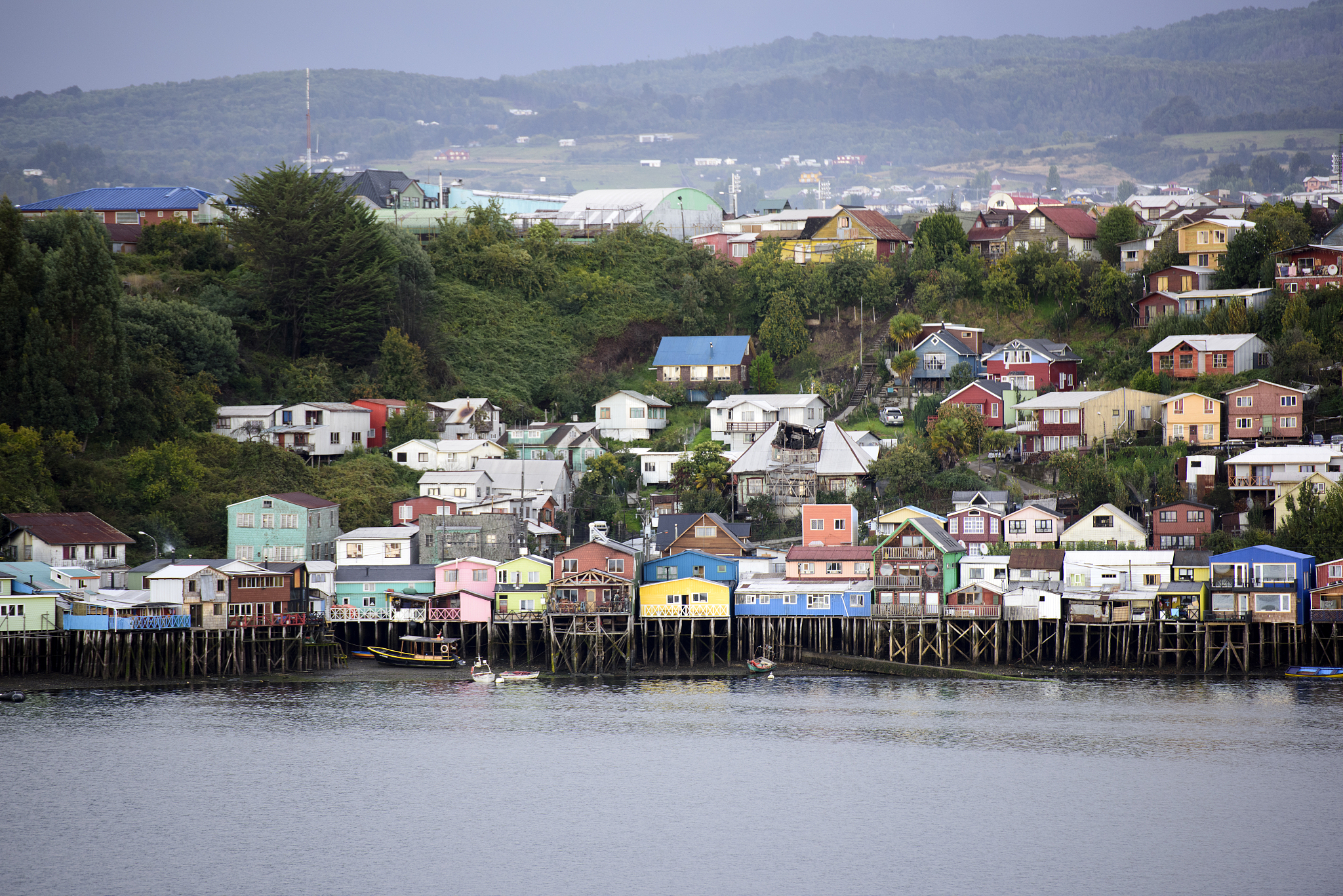 colourful palafitos in castro, chiloé island, chile