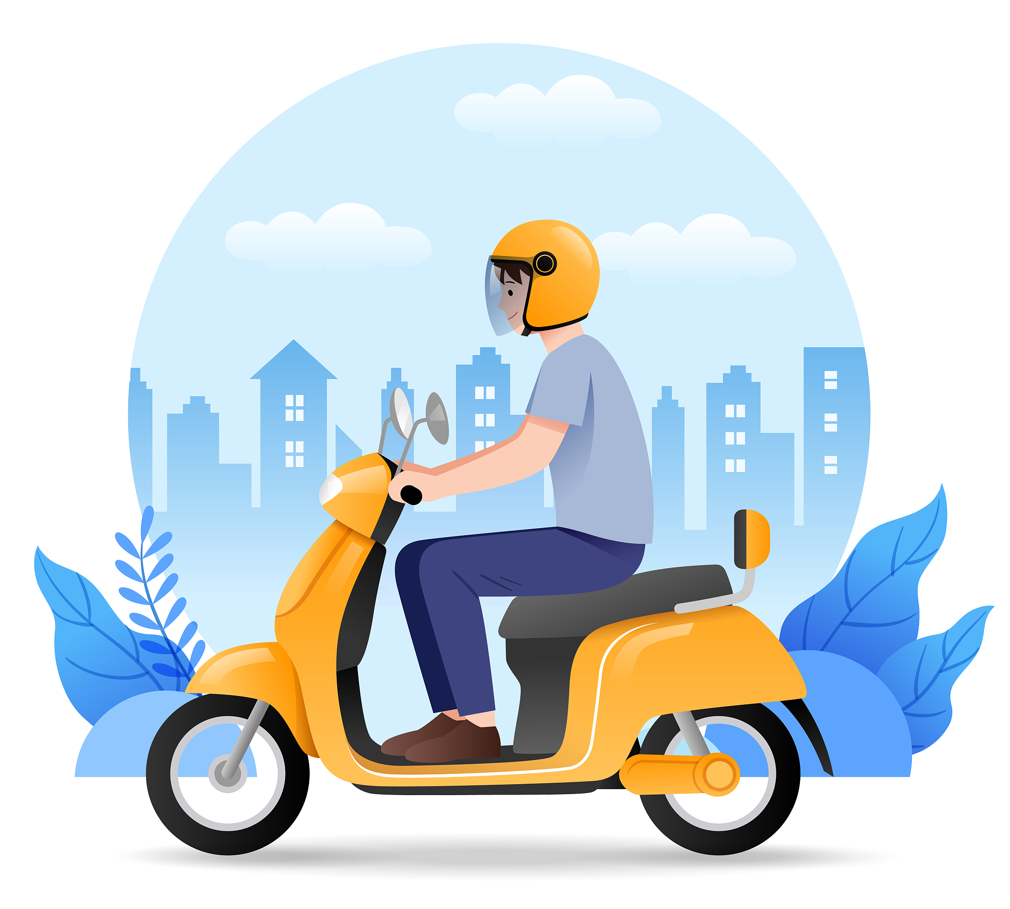 一个戴着头盔的男生在城市背景前骑摩托车
