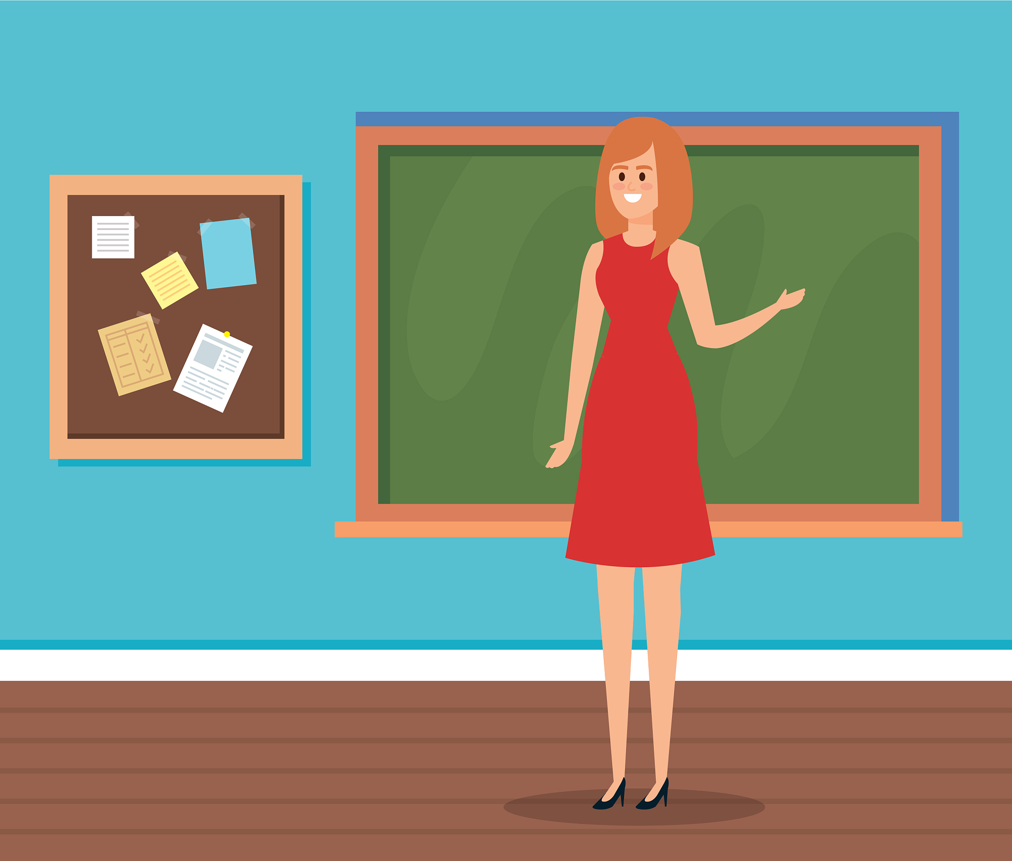 woman teacher in classroom with blackboard and