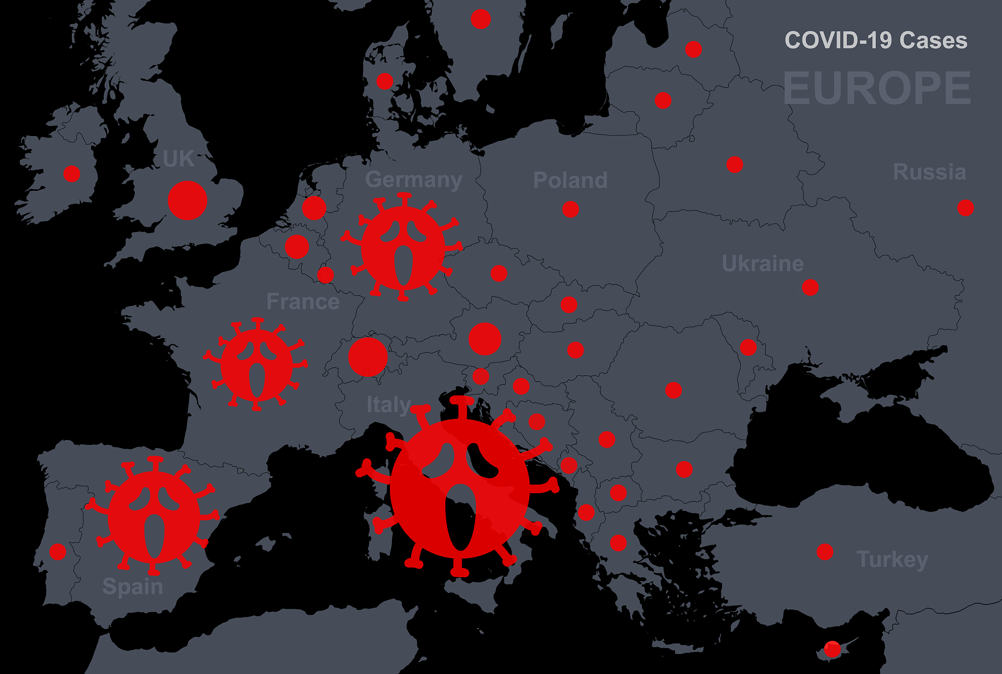 covid-19 coronavirus in europe, map confirmed cases report with 