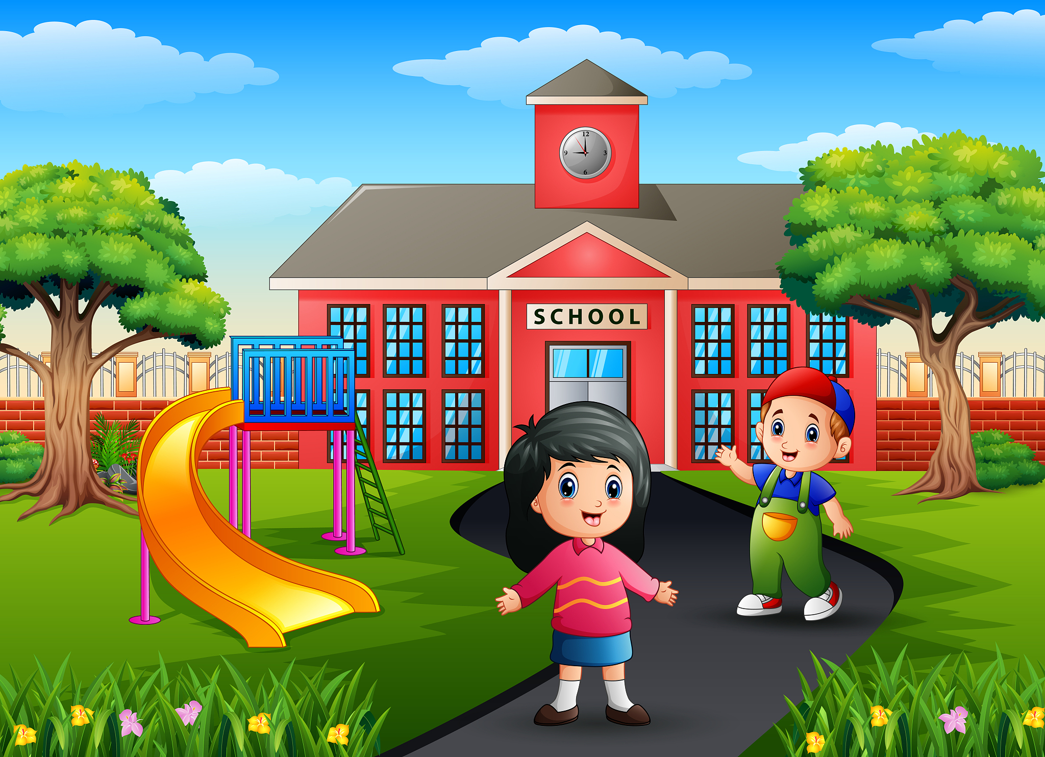 cartoon two kids going to school