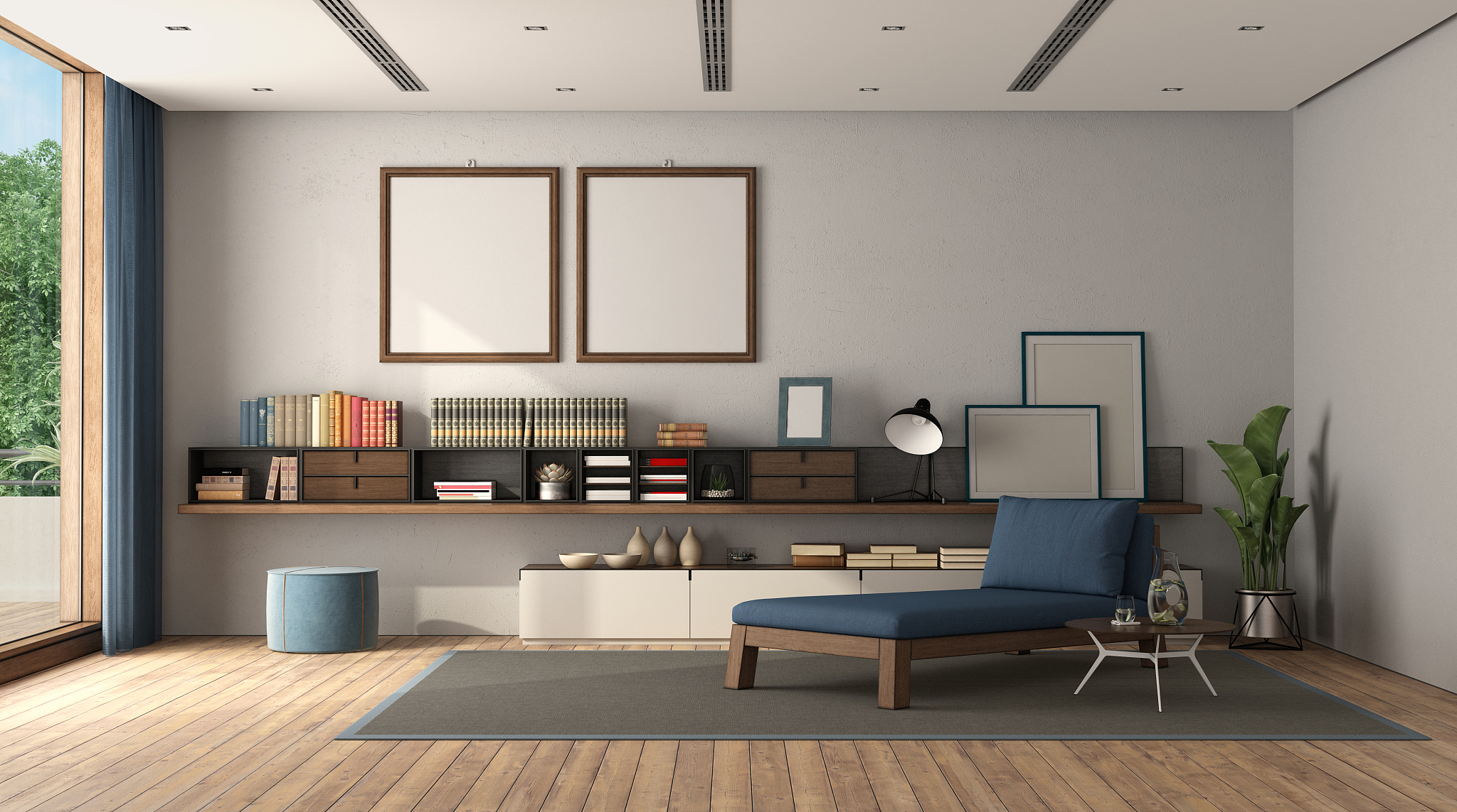minimalist living room with sideboard and chaise lounge