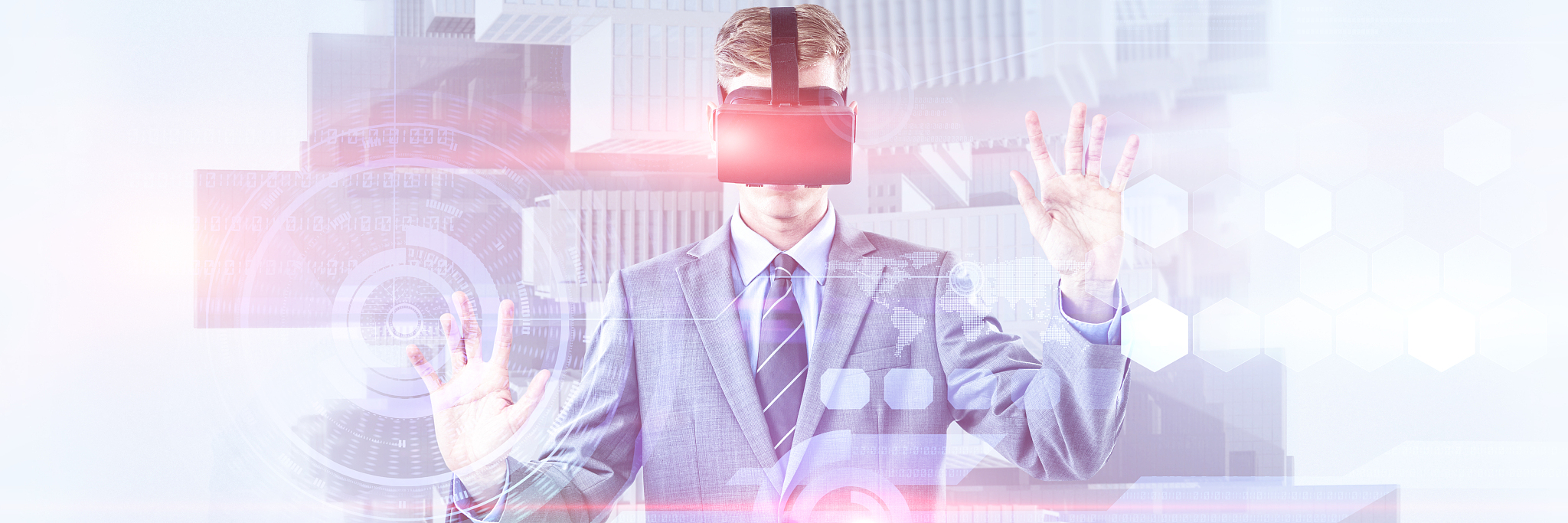 composite image of businessman using virtual reality headset