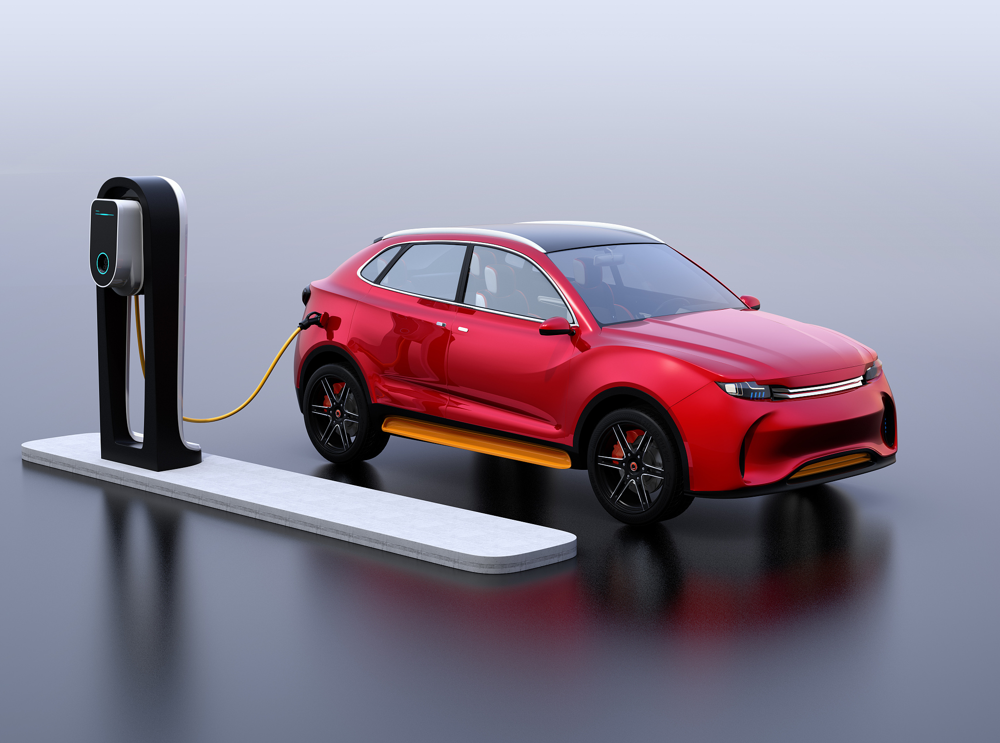 red electric suv car charging in charging station