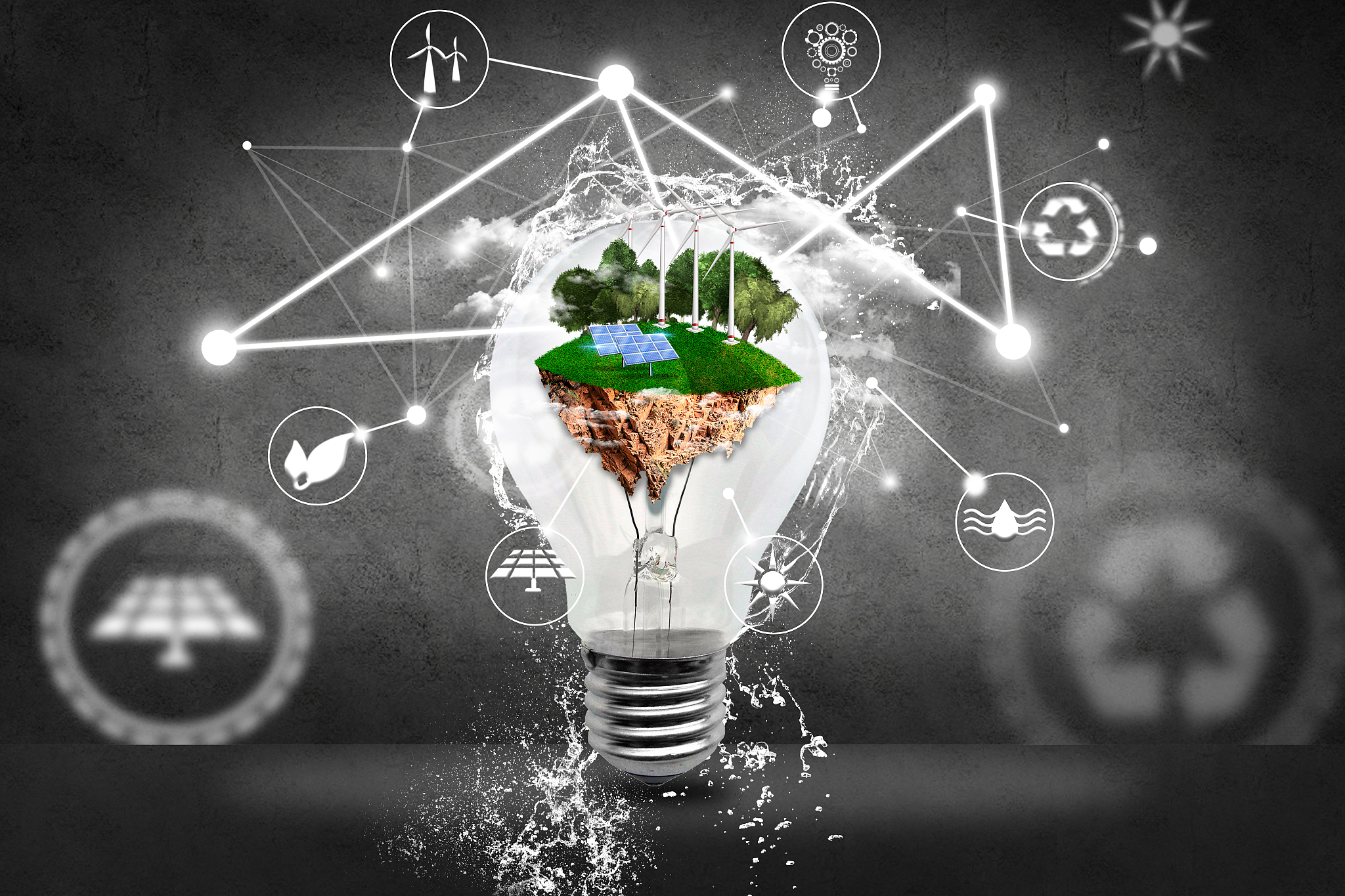 bulb with solar panels, wind fans and hydraulic power in energy 