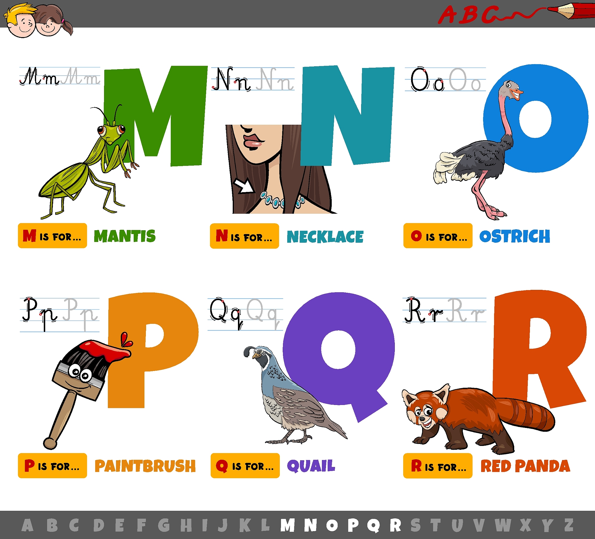 educational cartoon alphabet letters for children from m to r