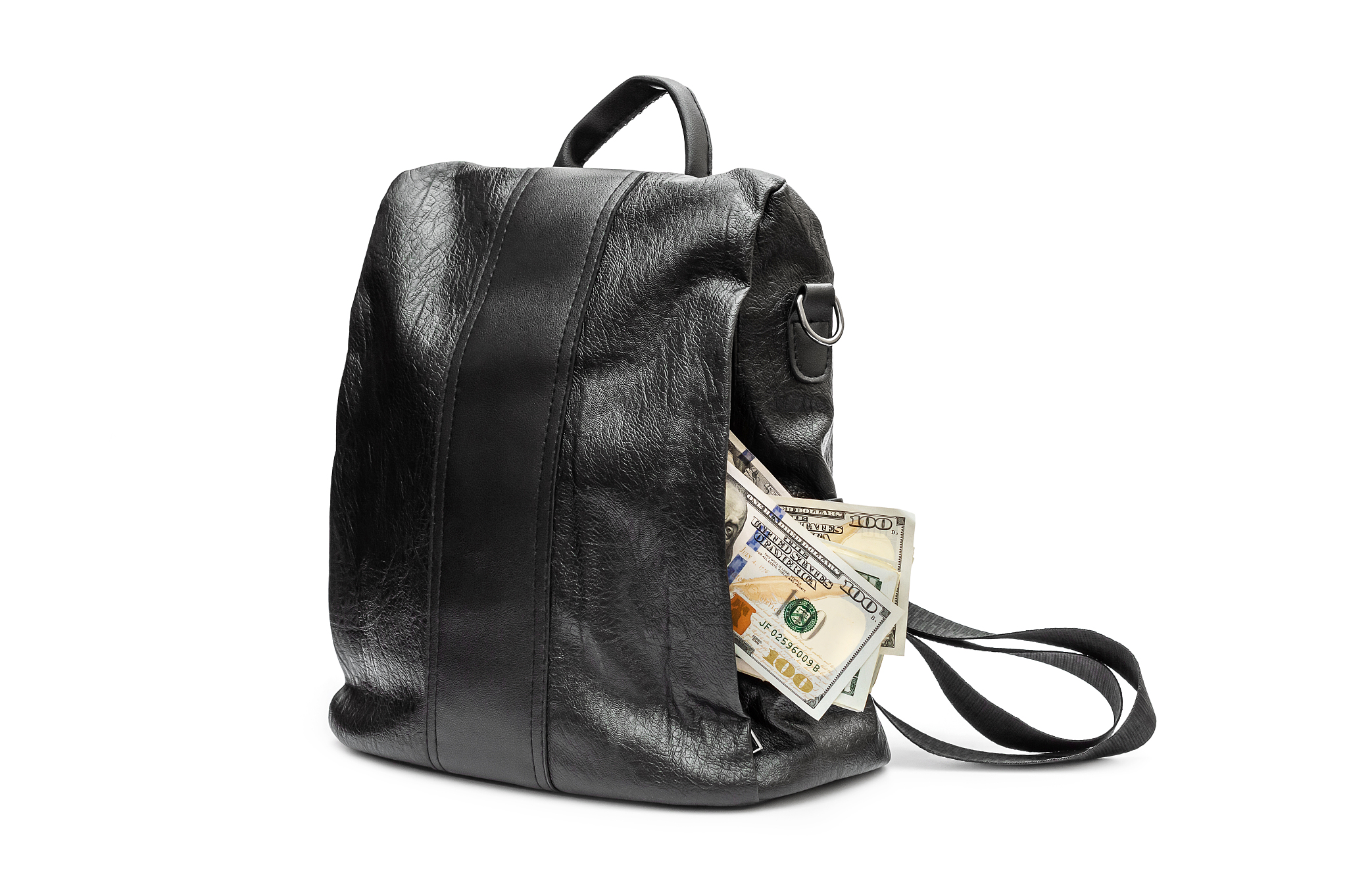 money in pocket of backpack. isolated on white.