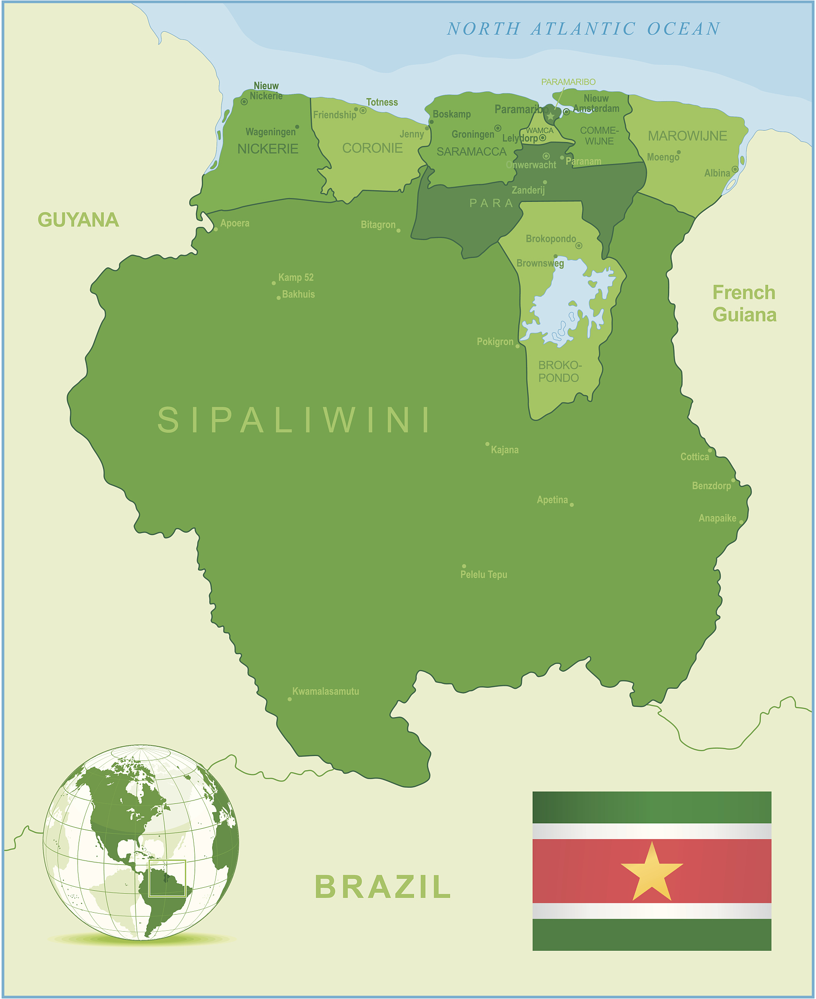 green map of suriname - states, cities and flag