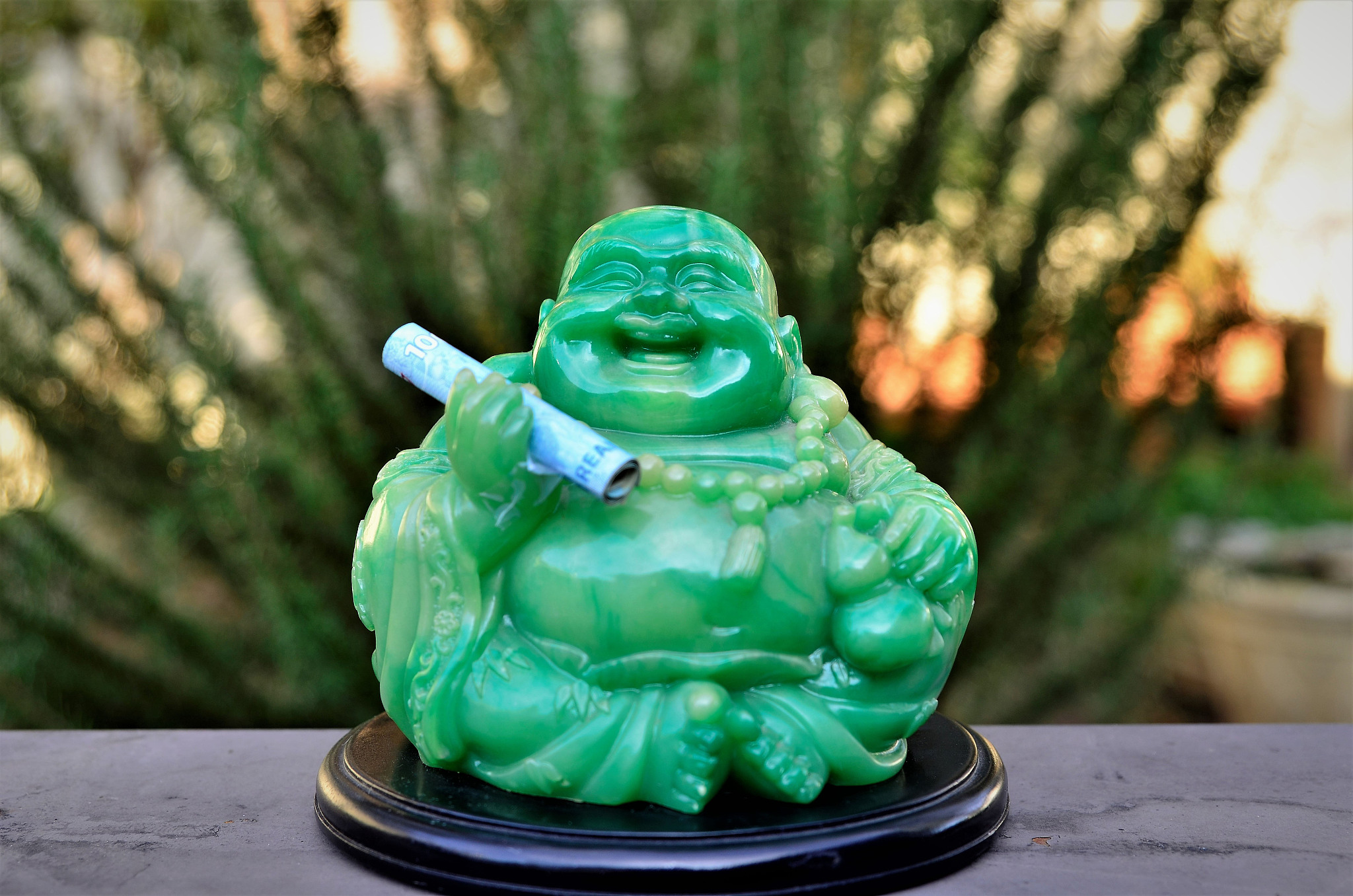 smiling green buddha holding money in garden