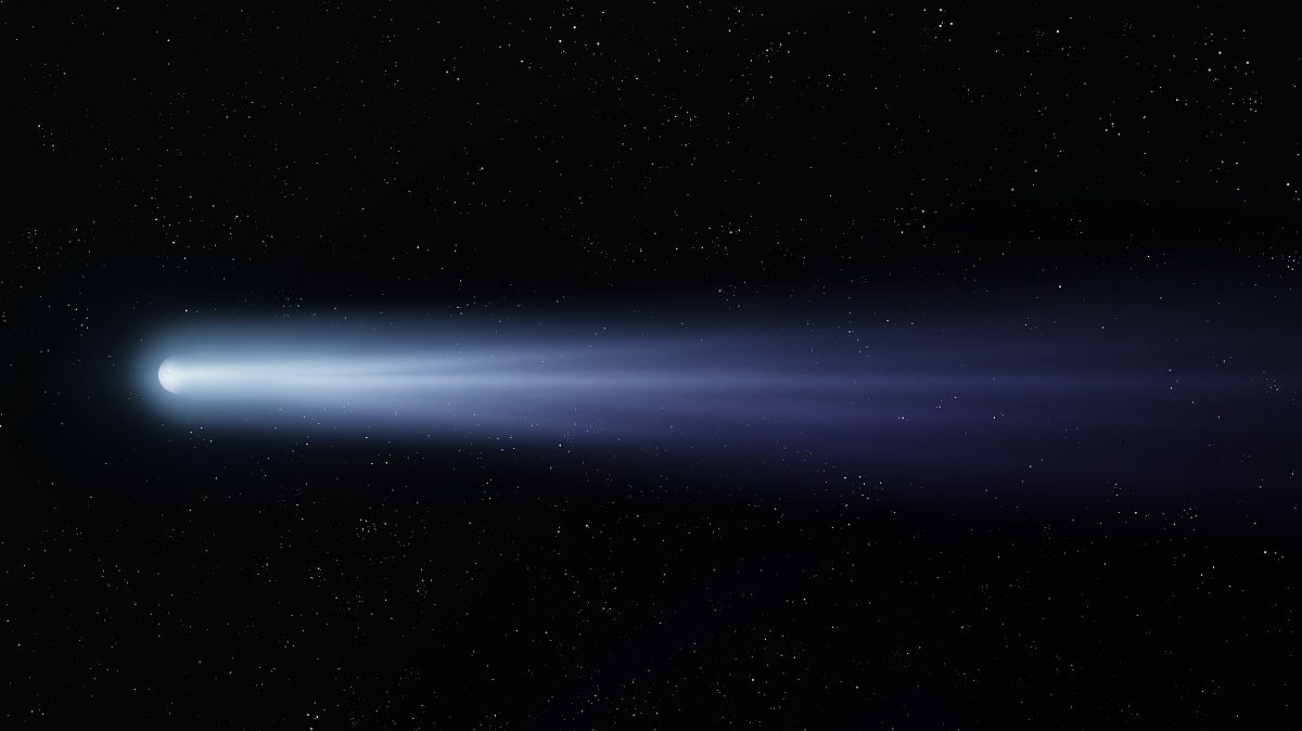 外太空有一条长而明亮的尾巴的彗星.