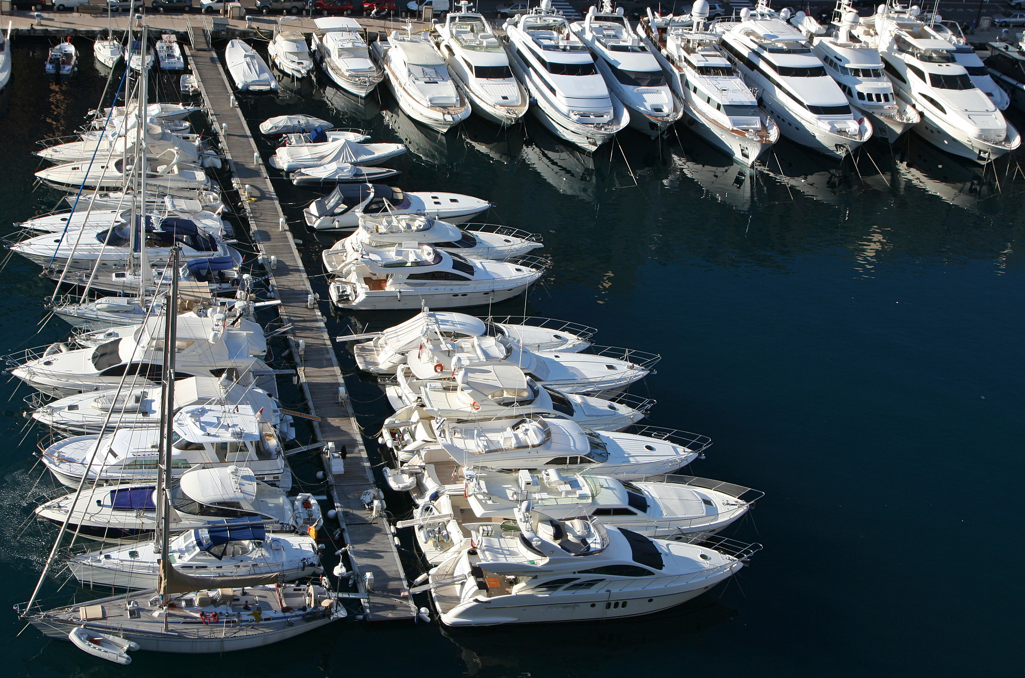rows of small luxury yachts in a marina