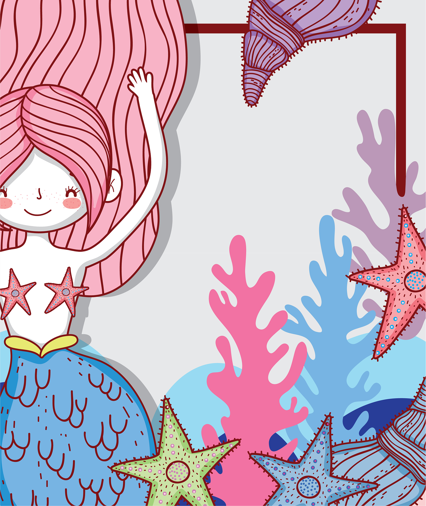 mermaid woman with starfish and seaweed with