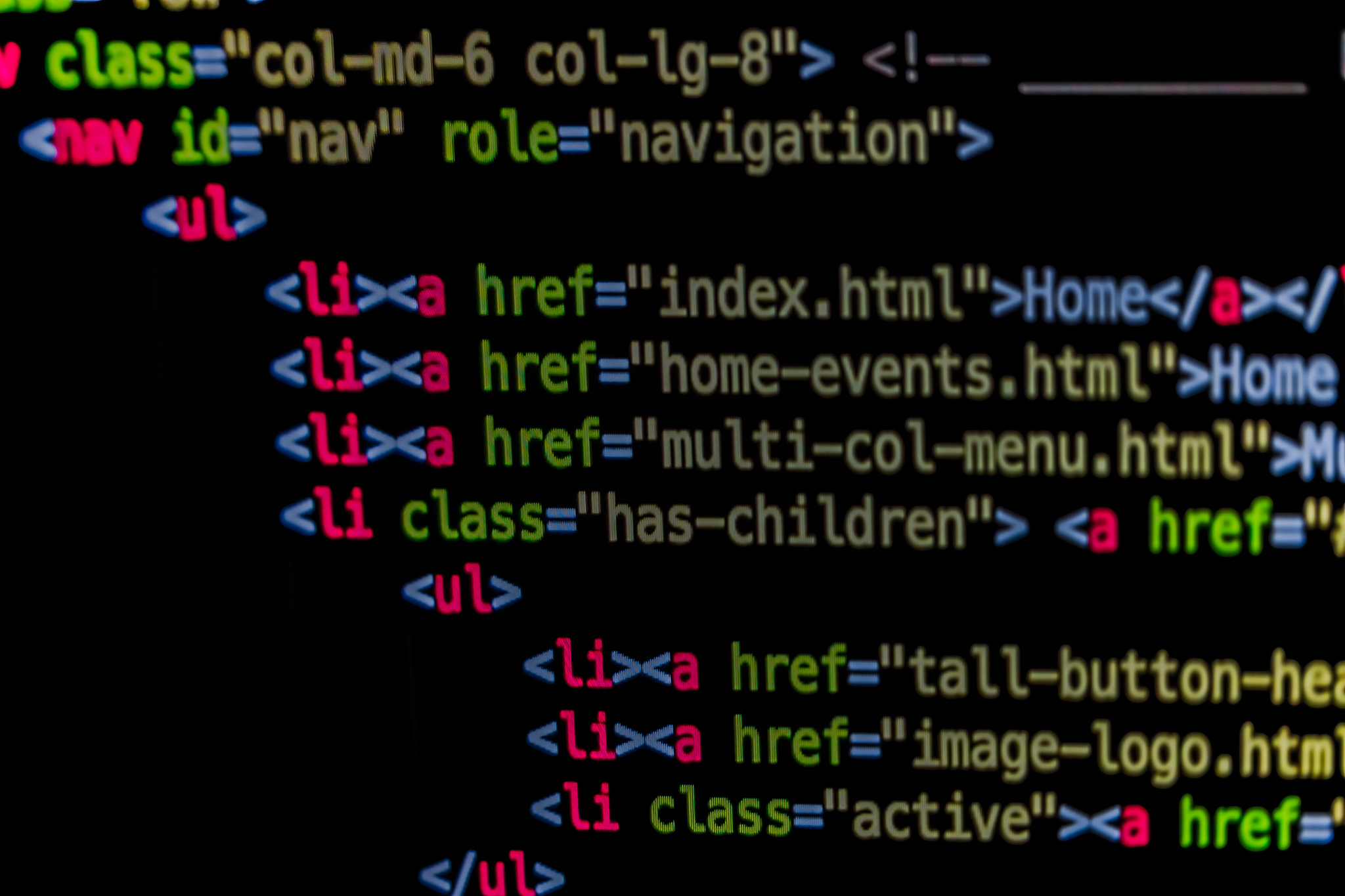 developer screen with colored website programming code