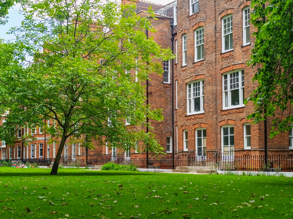 历史悠久的砖砌大学建筑,绿色的校园草坪花园景观