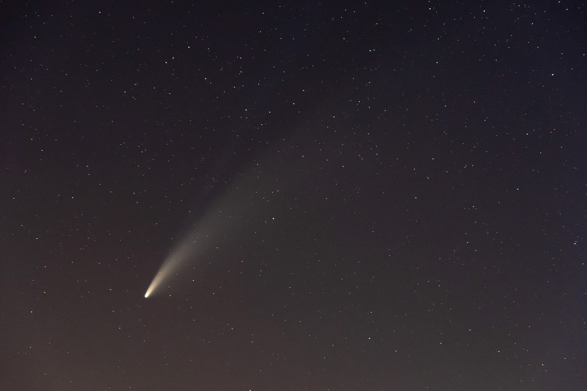 neowise comet and its long dust tail after dusk